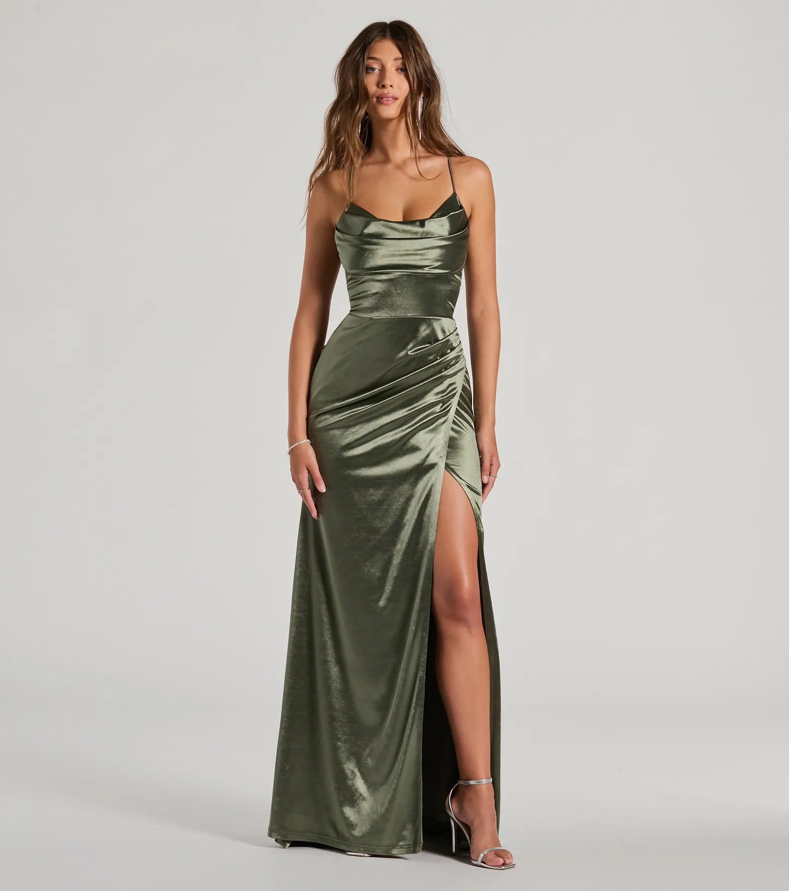 Premium Dani Cowl Neck Lace-Up Satin Evening Gown