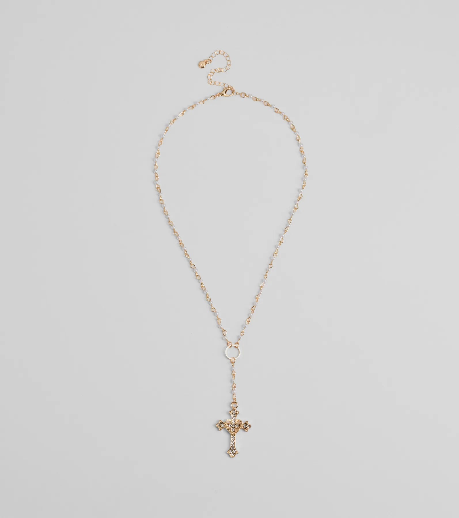 Ultimate Sparkle Rhinestone Cross Pearl Lariat Necklace - Elegant & Adjustable