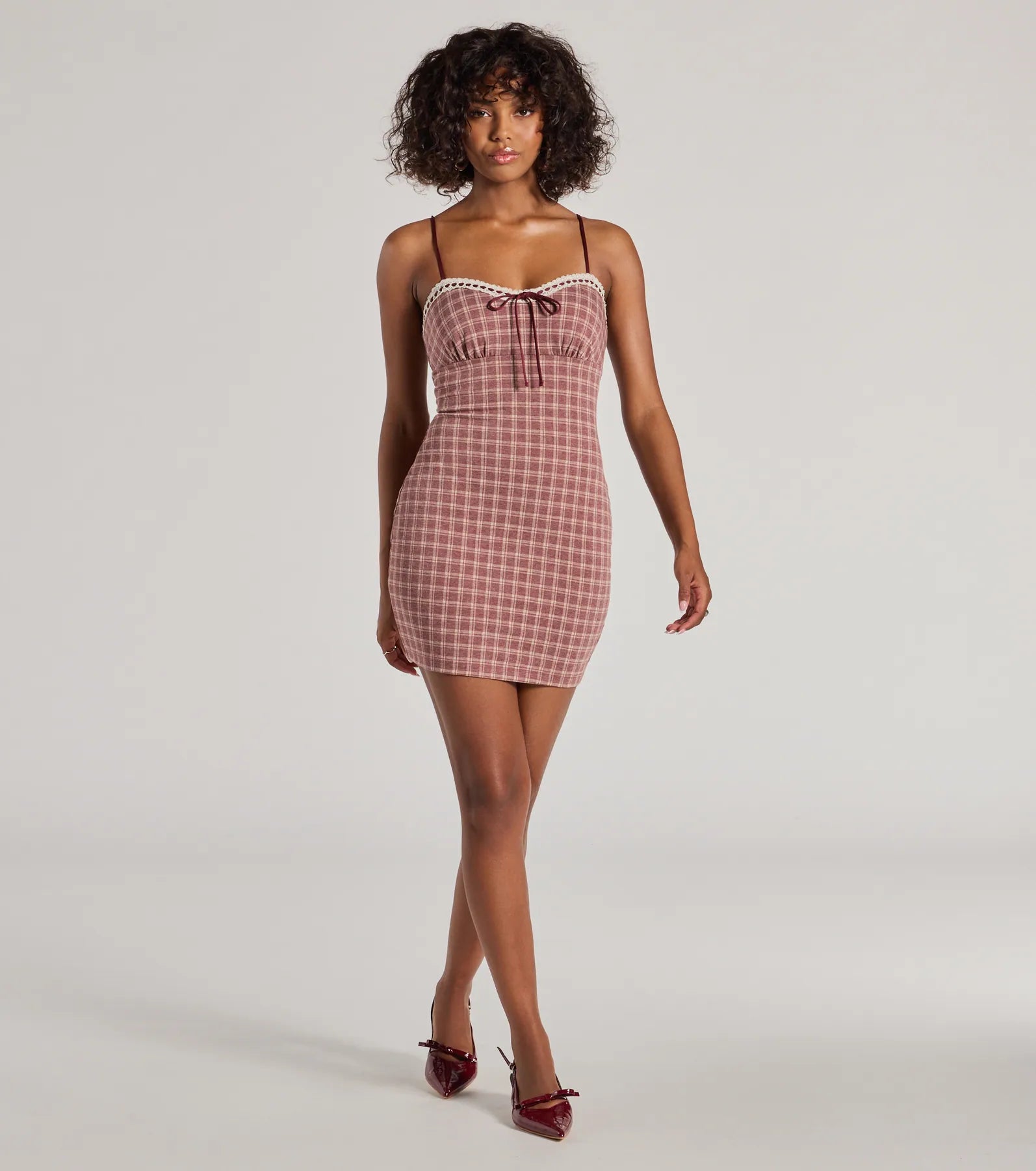 Ultimate Flirty Lace-Trim Plaid Mini Dress