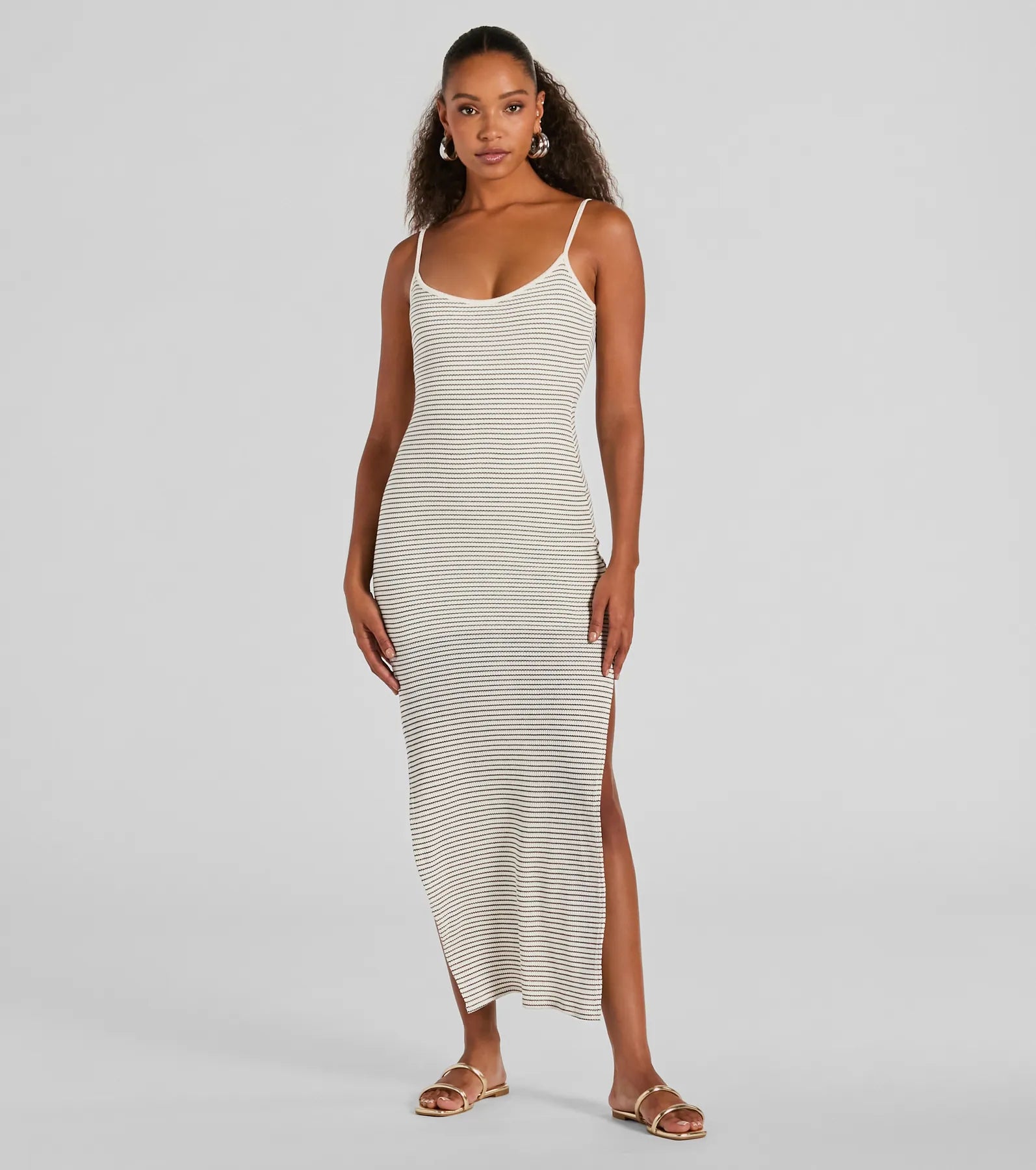 Ultimate Weekend Vibes: High-Slit Striped Knit Maxi Dress