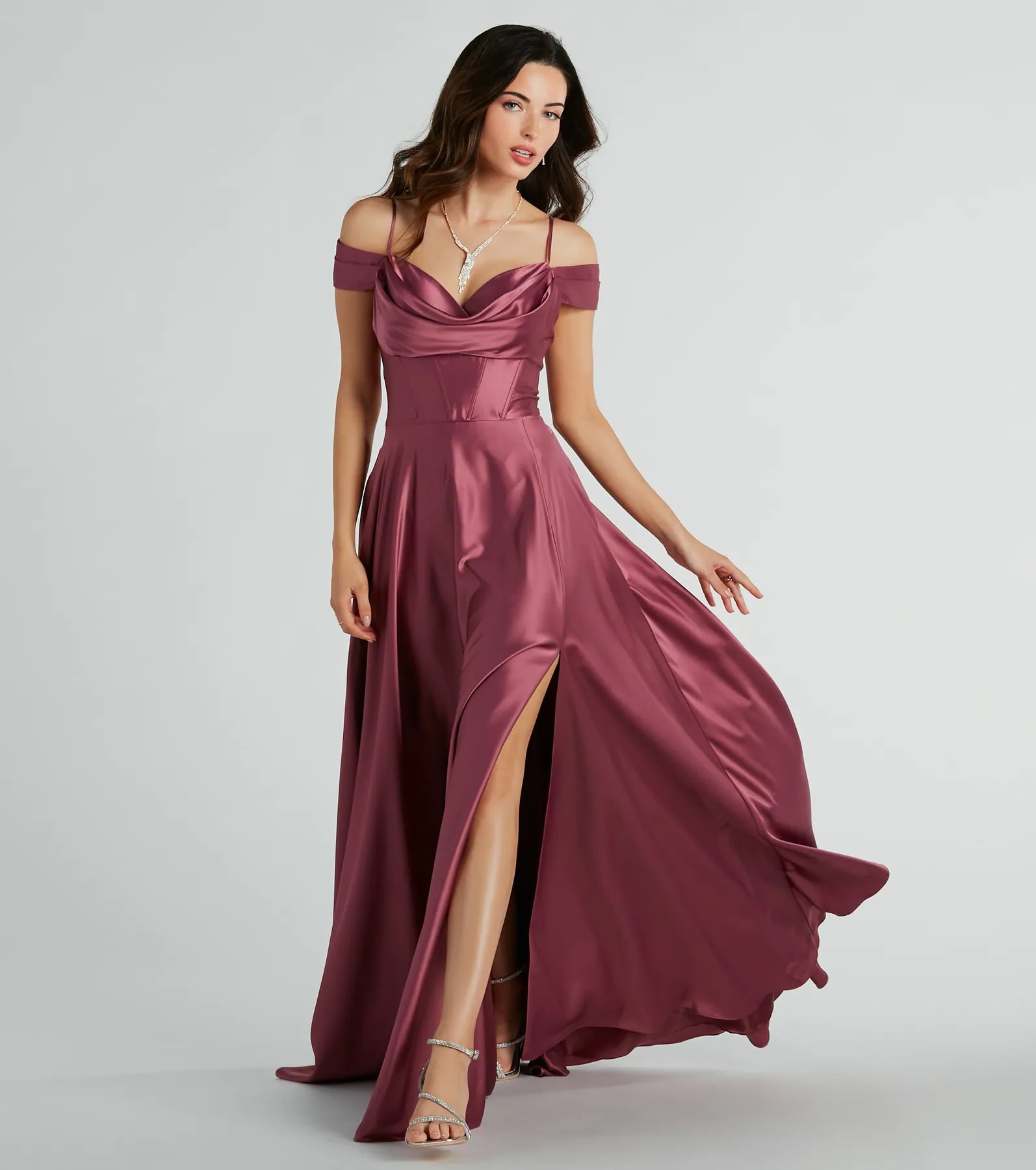 Premium Alira Satin Cold Shoulder A-Line Gown