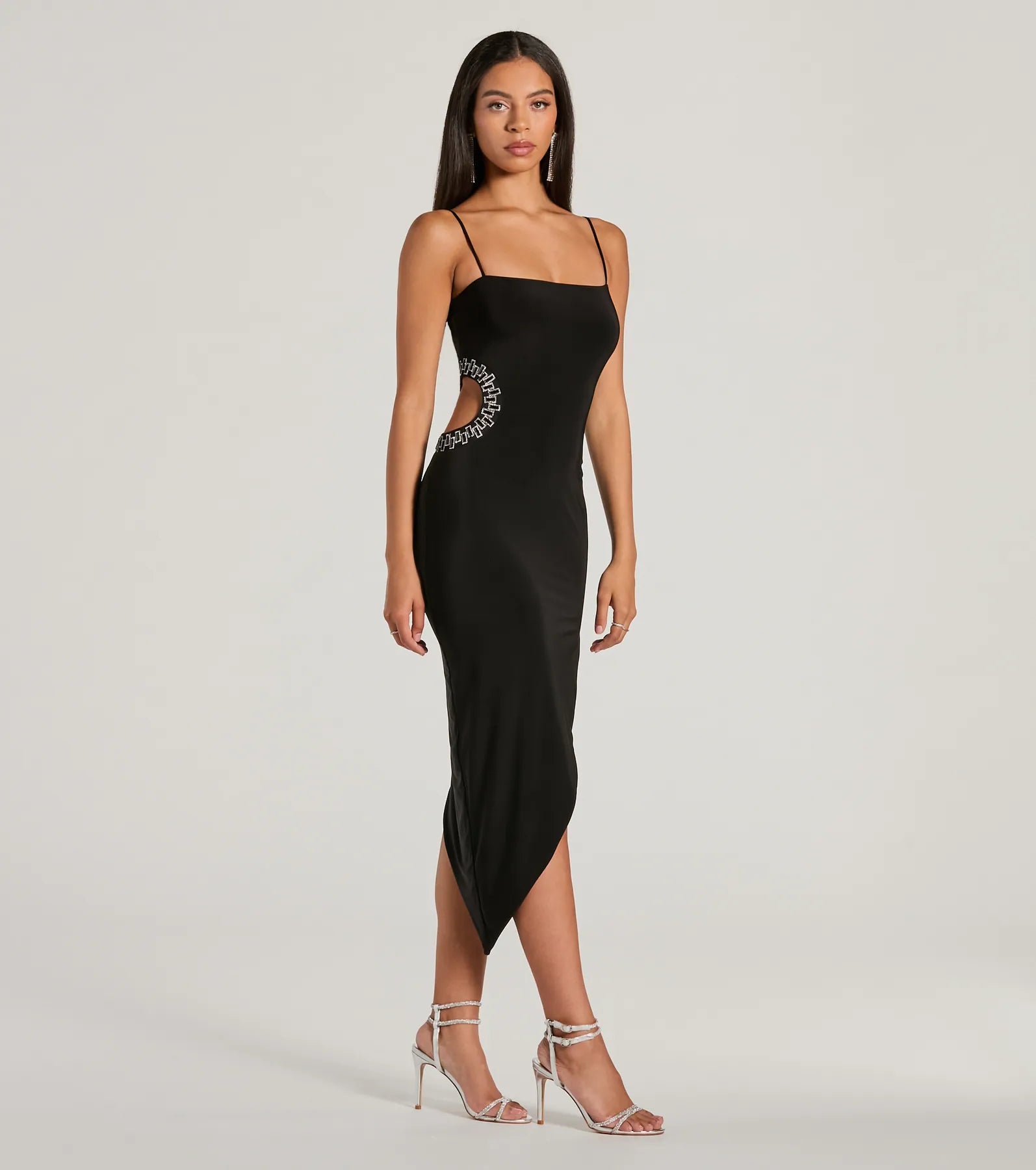 Premium Sparkle Rhinestone Cutout Midi Dress - Ignite Your Night