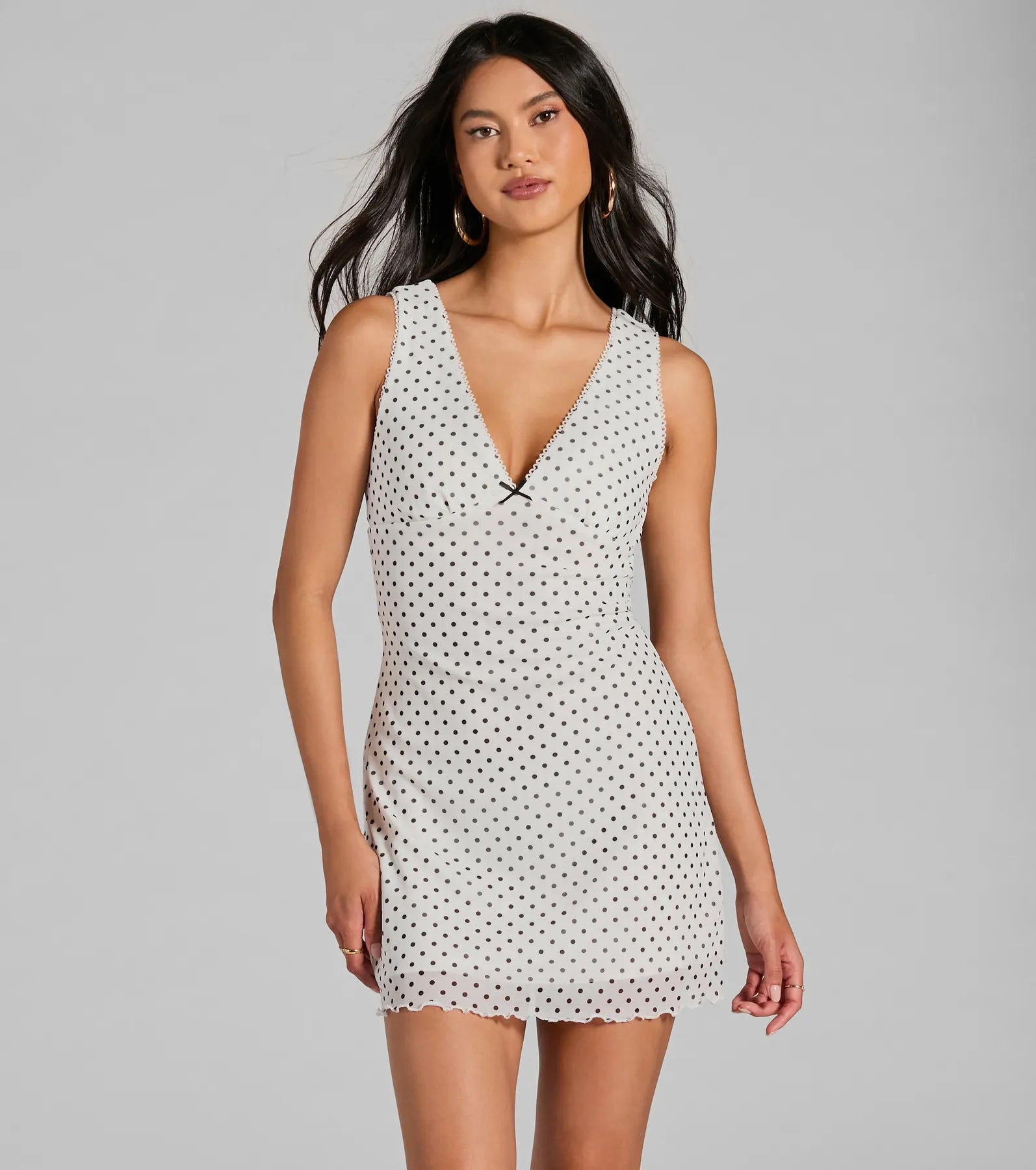 Ultimate Sweet Style Bow Detail Polka Dot Mesh Mini Dress