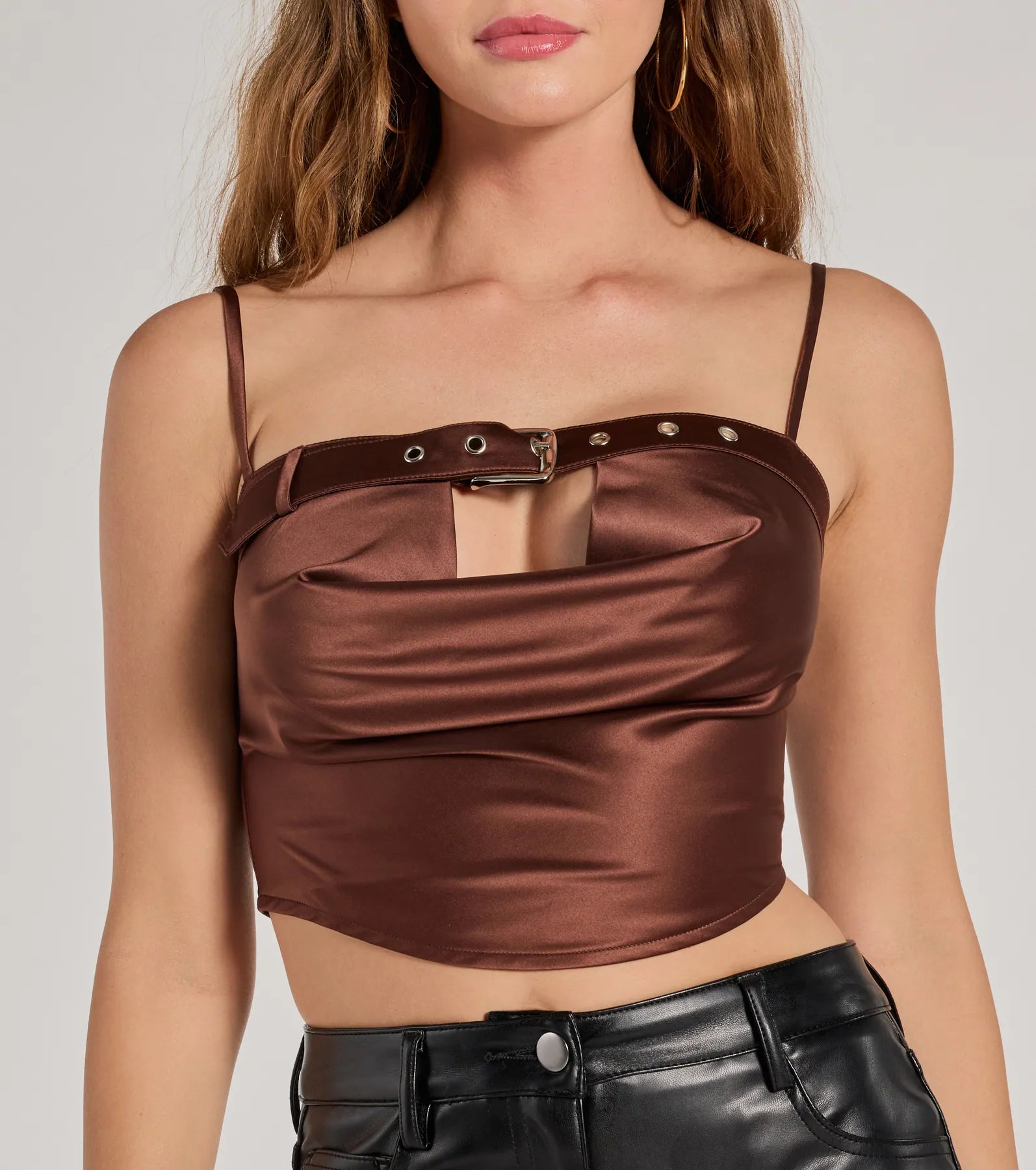 Ultimate Glam Satin Crop Top with Buckle Trim