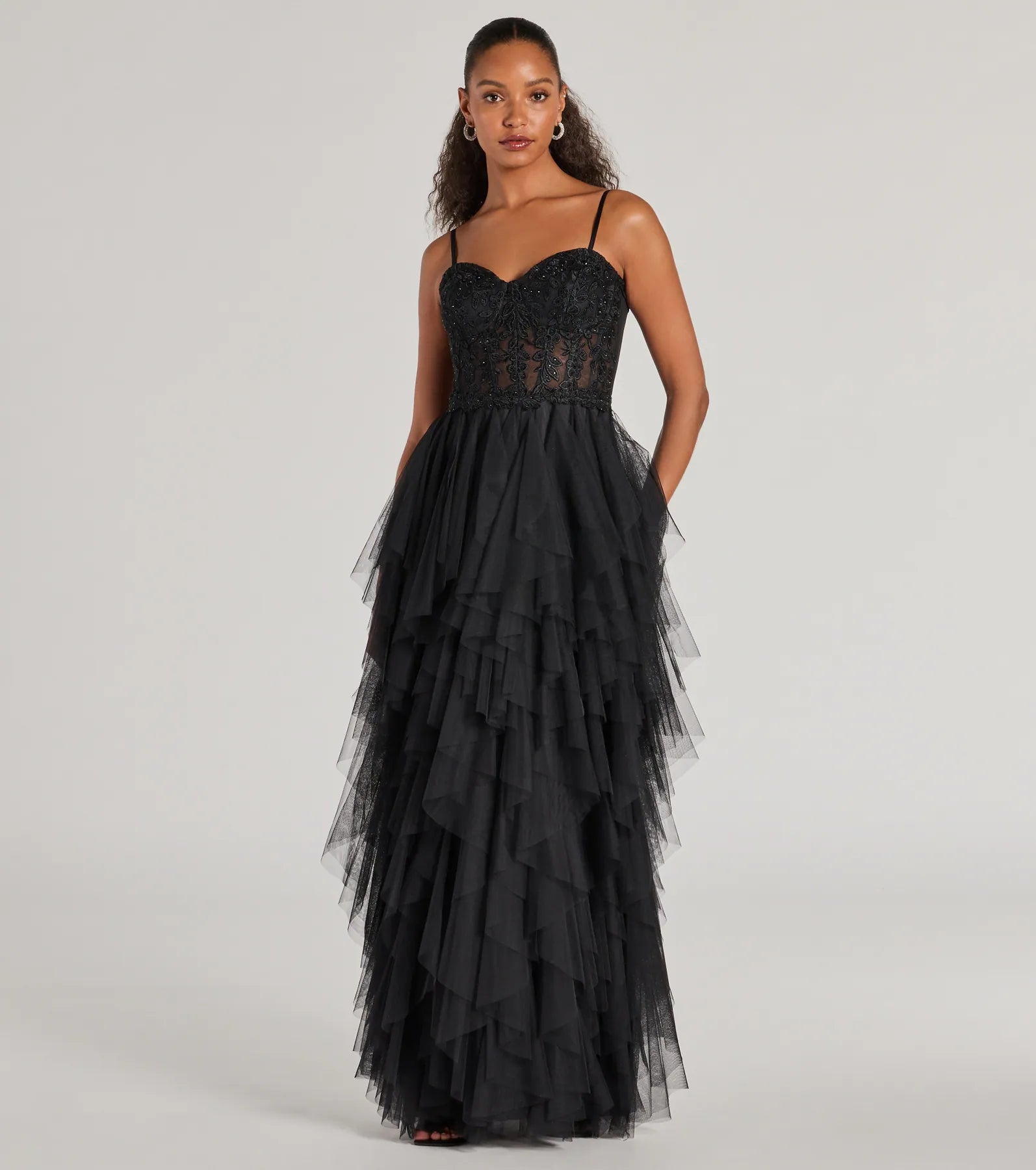 Keyla Premium Floral Applique Tiered Ruffle Tulle Gown - Ultimate Elegance