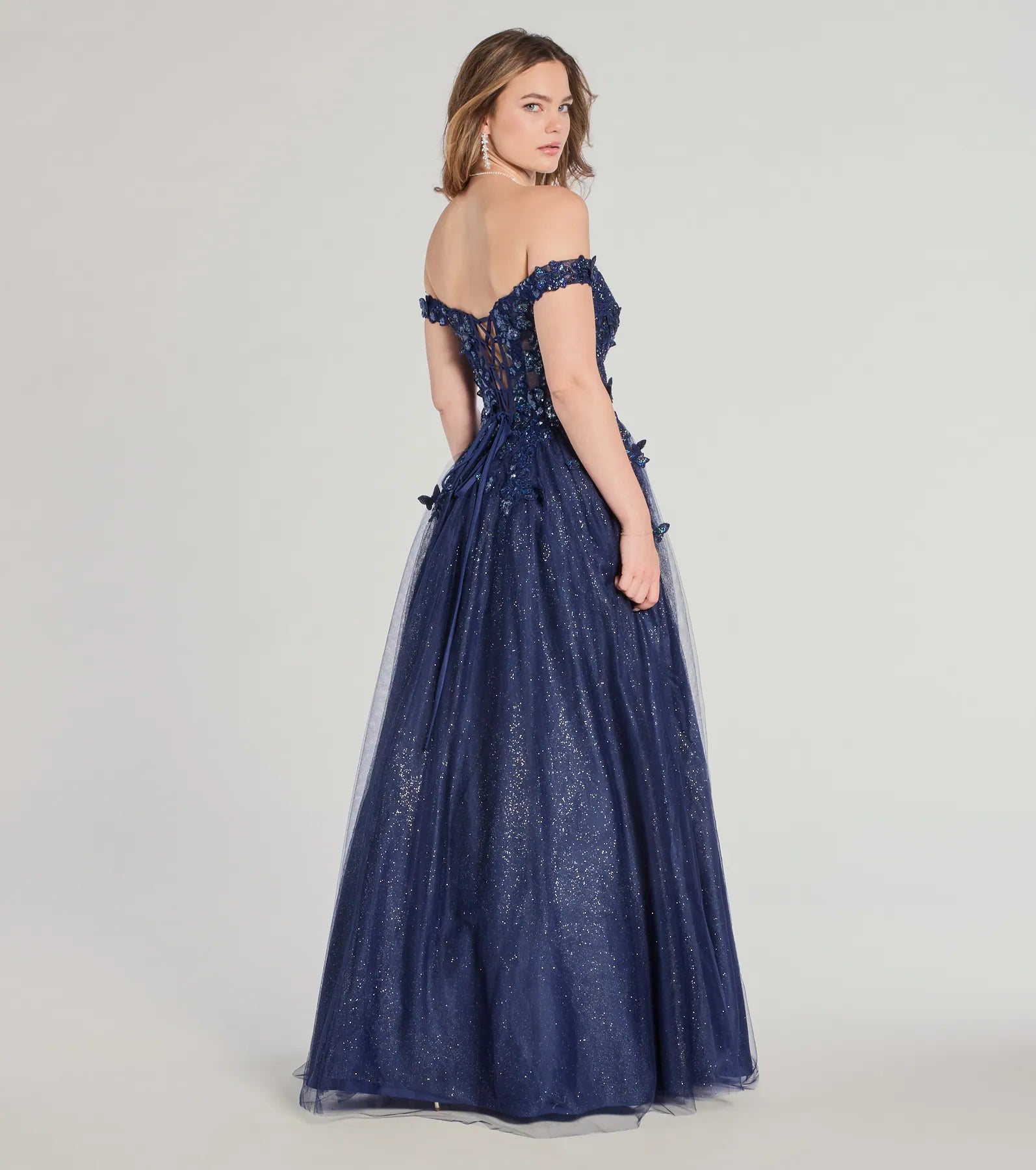 Sofia Ultimate Off-The-Shoulder Glitter Ball Gown with Corset Lace-Up