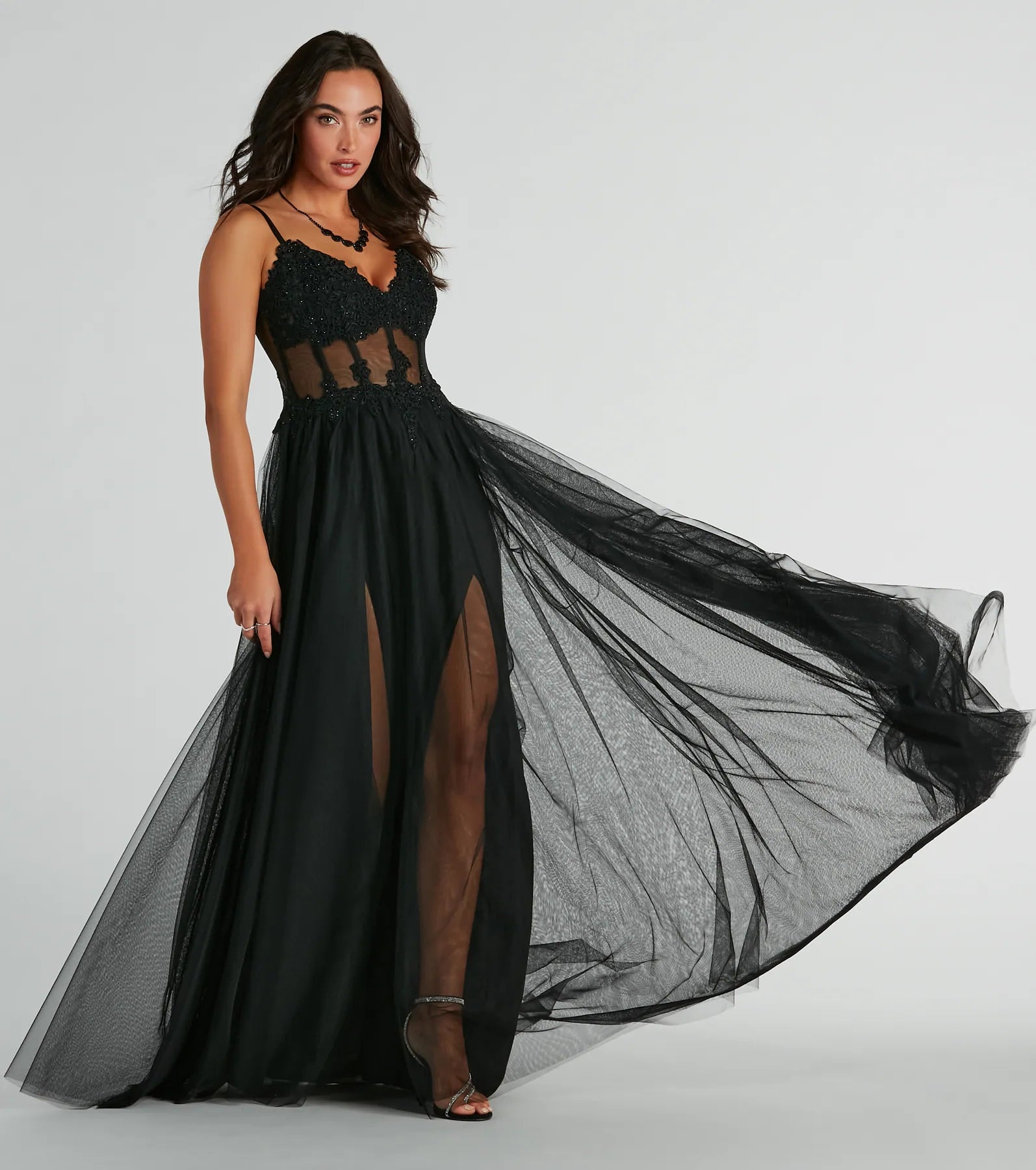 Fatima Premium Embroidered V-Neck Tulle Gown