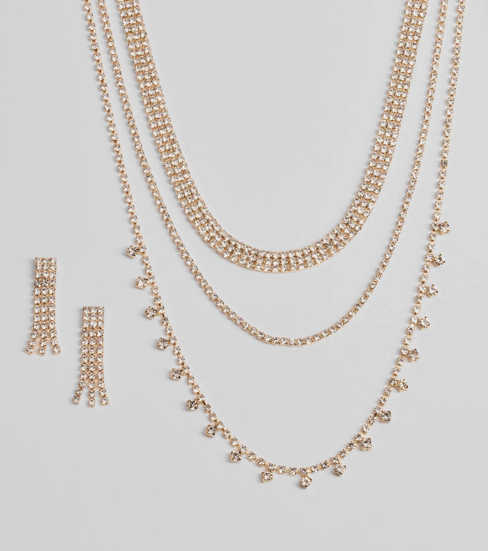 Ultimate Elegance: Triple-Layer Rhinestone Necklace & Earrings Set