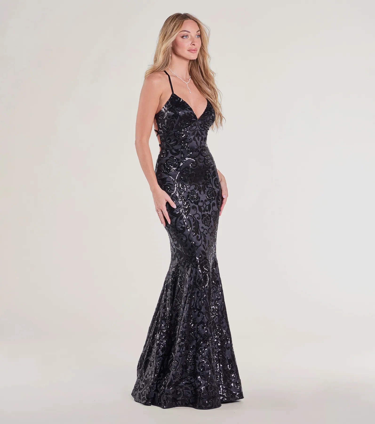 Ultimate Saskia Lace-Up Mermaid Sequin Satin Formal Gown