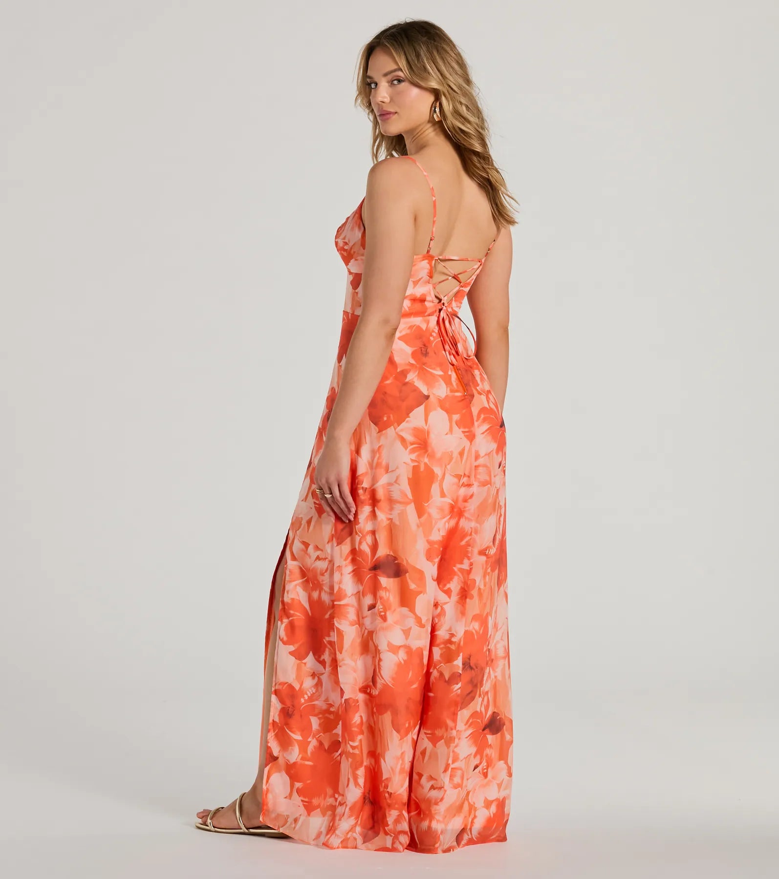 Ultimate Elegance Lace-Up Floral Chiffon Maxi Dress