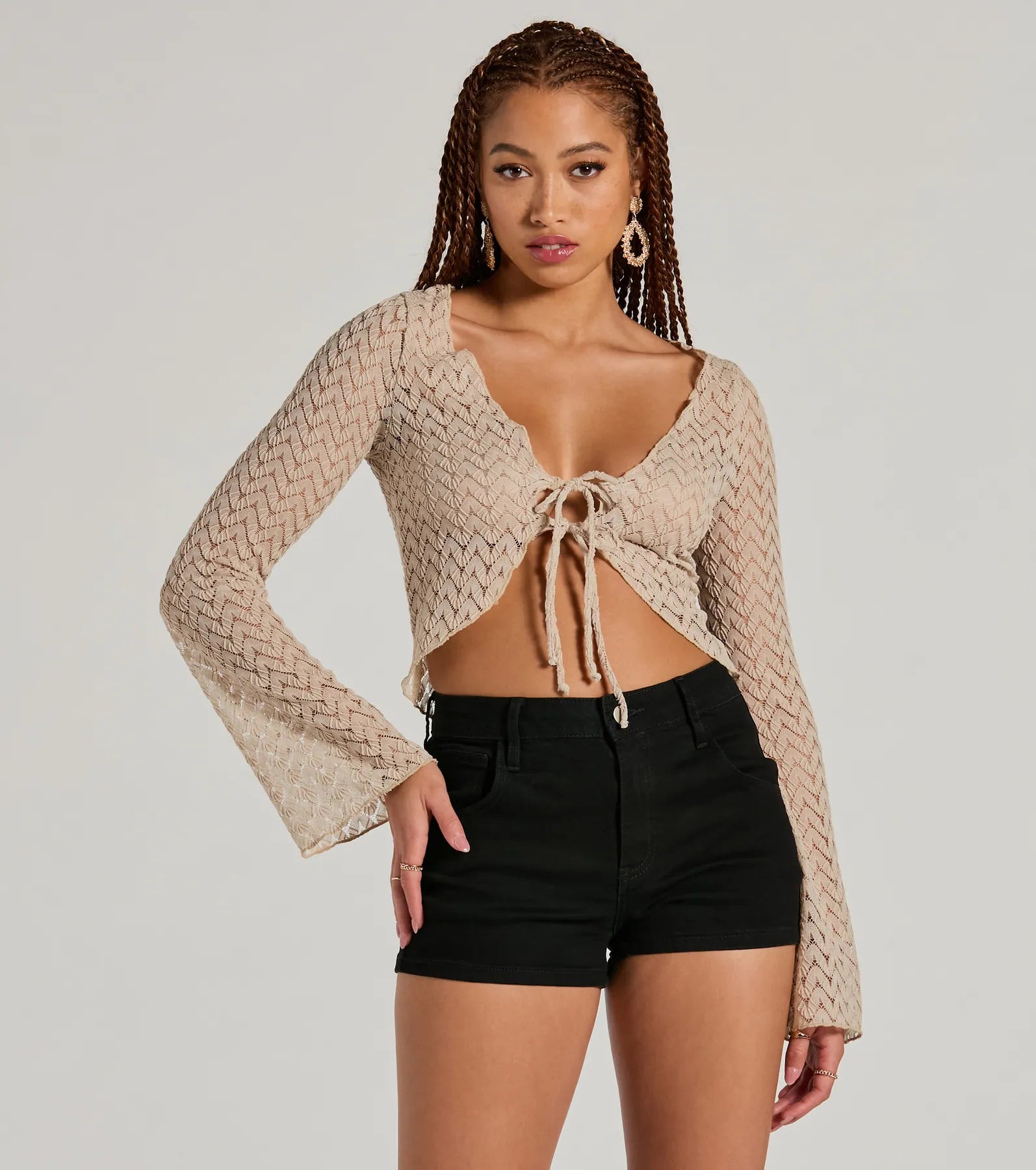 Ultimate Cabana Honey Tie Front Crochet Crop Sweater