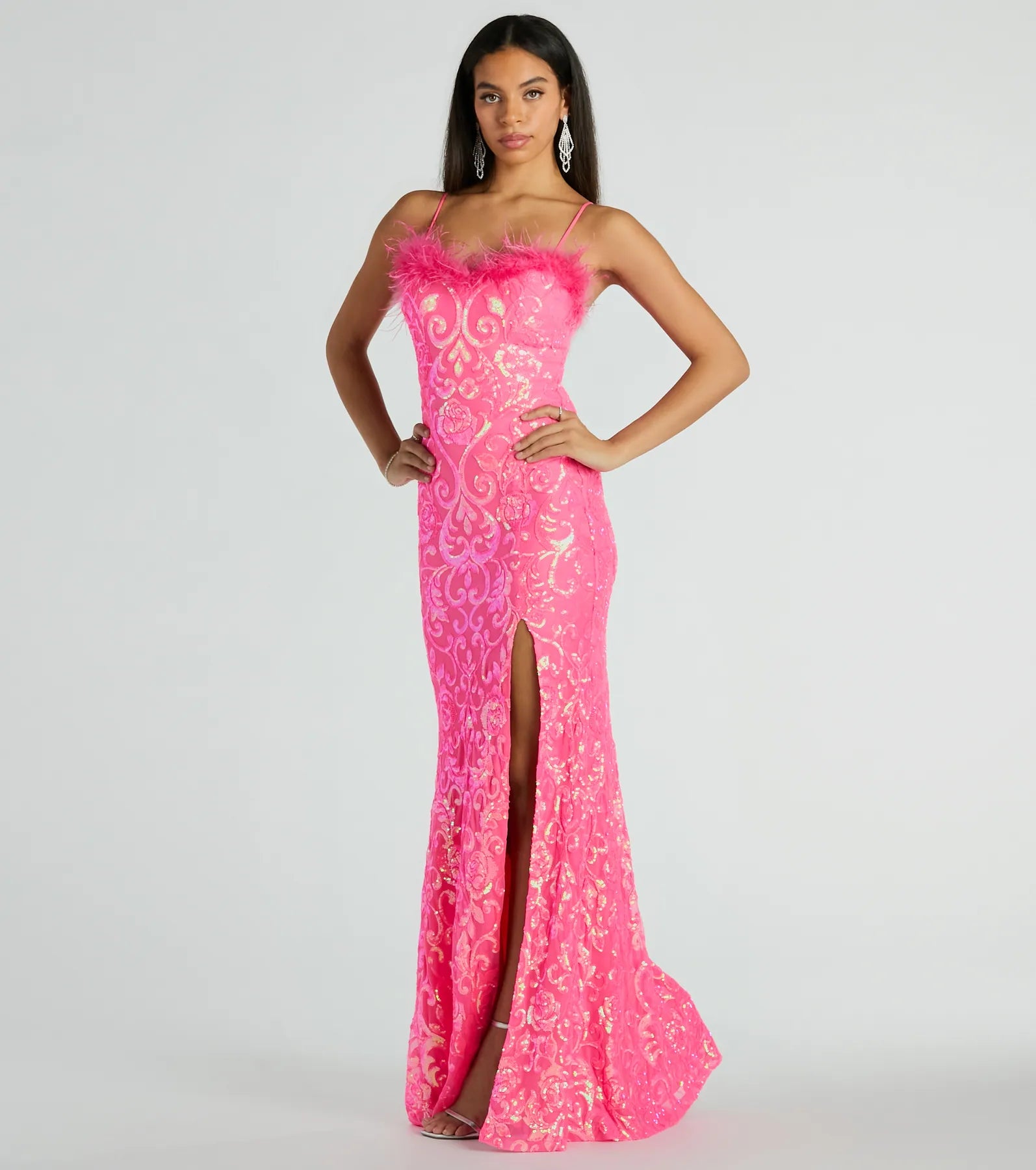 Premium Cara Marabou Trim Mermaid Sequin Gown - Ultimate Elegance