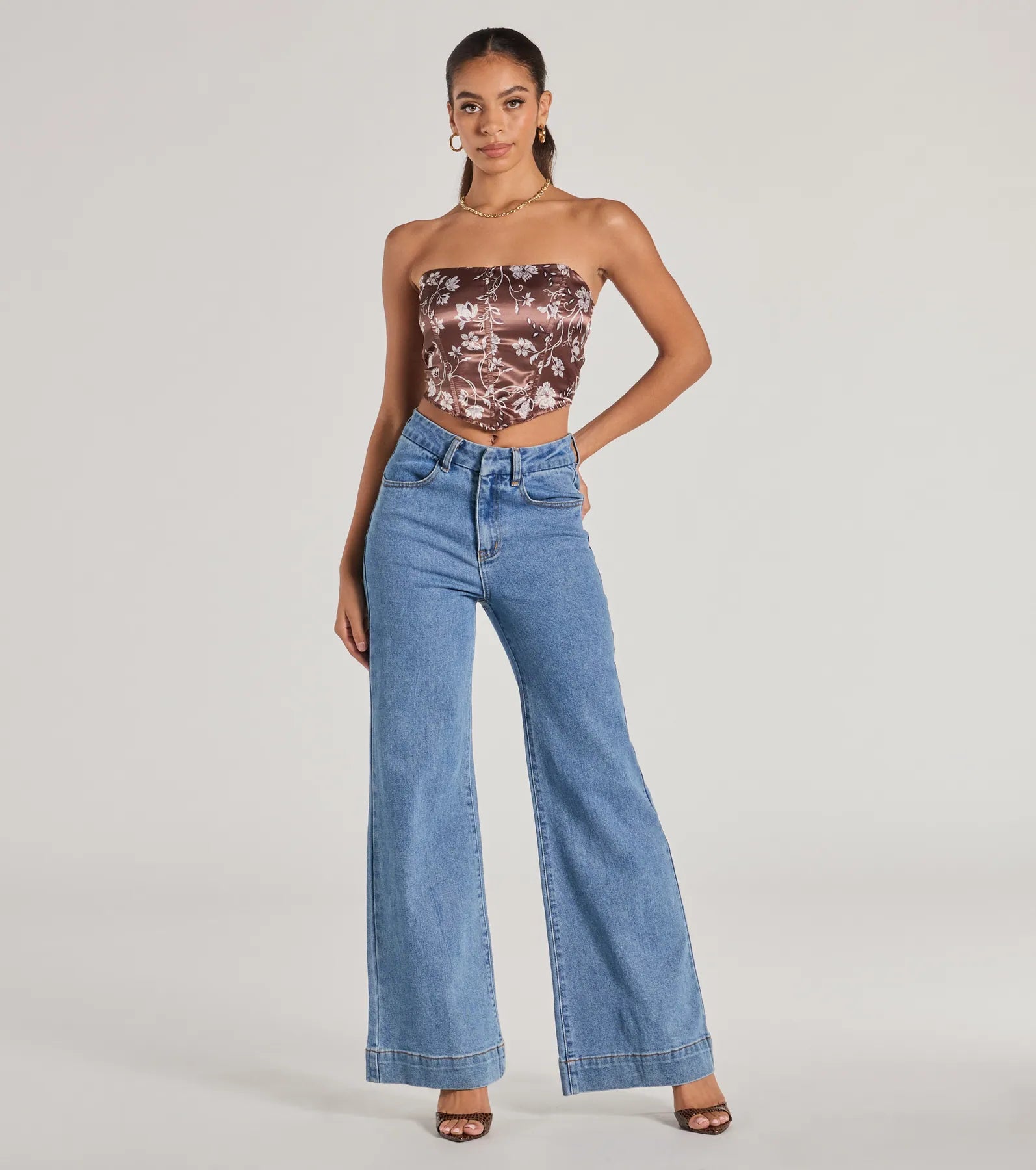 Ultimate Chic Sheen Floral Satin Strapless Corset Top