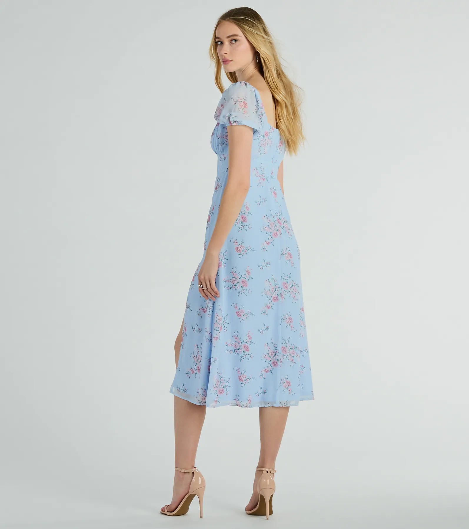 Ultimate Forever Beauty Puff Sleeve Floral Chiffon Midi Dress