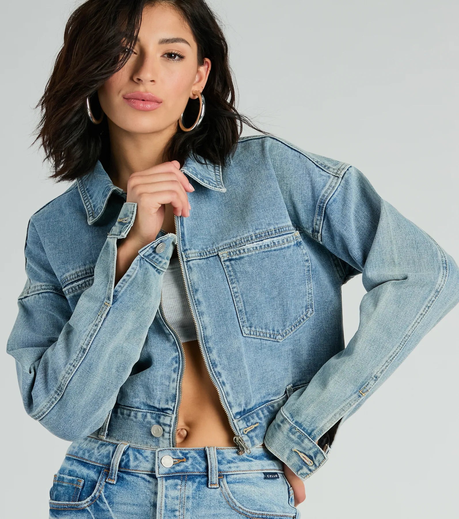 Premium Good Vibes Zip-Up Crop Denim Jacket