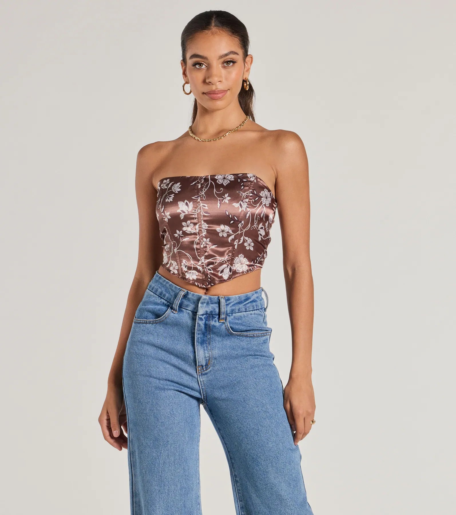 Ultimate Chic Sheen Floral Satin Strapless Corset Top