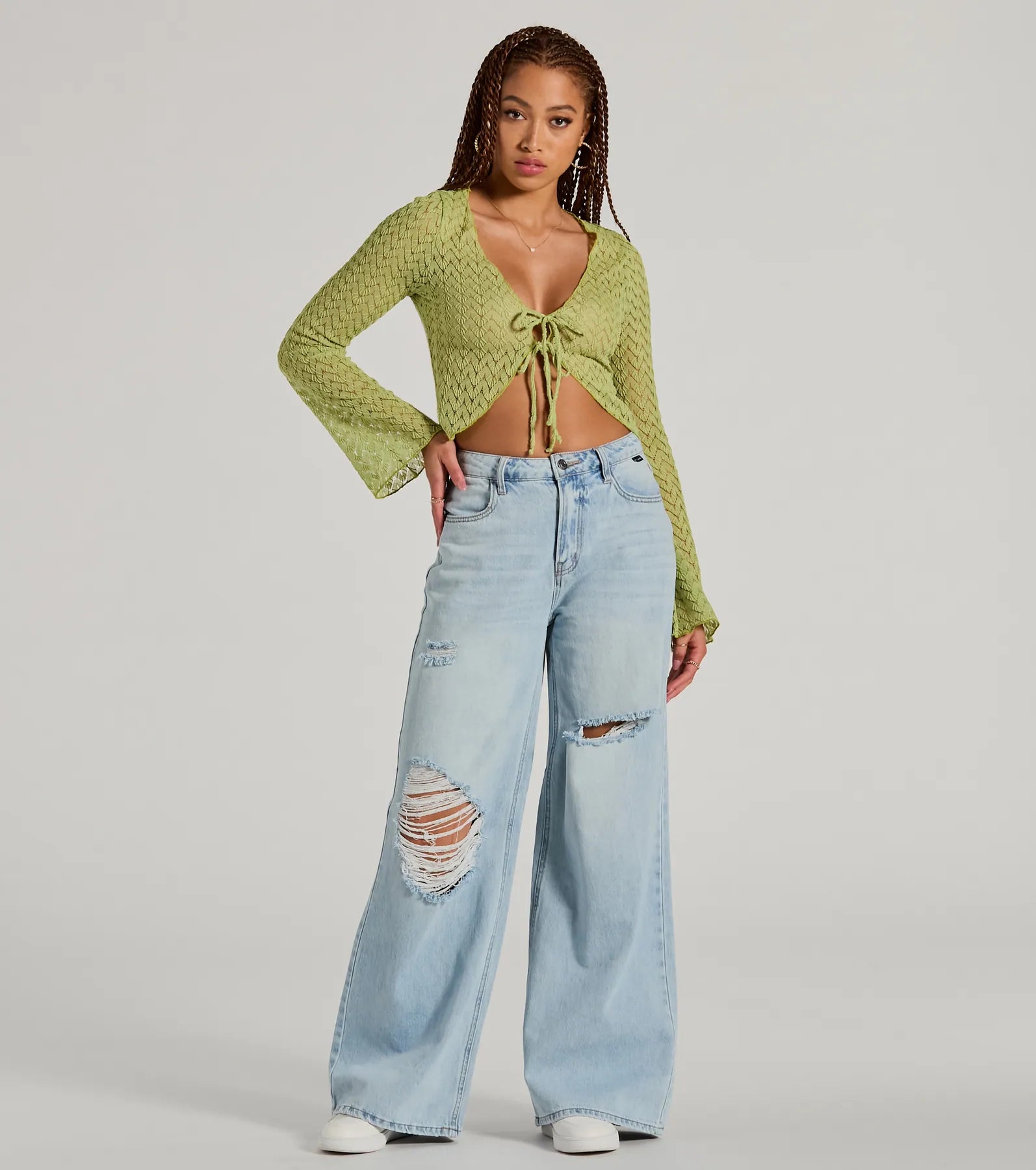 Ultimate Cabana Honey Tie Front Crochet Crop Sweater