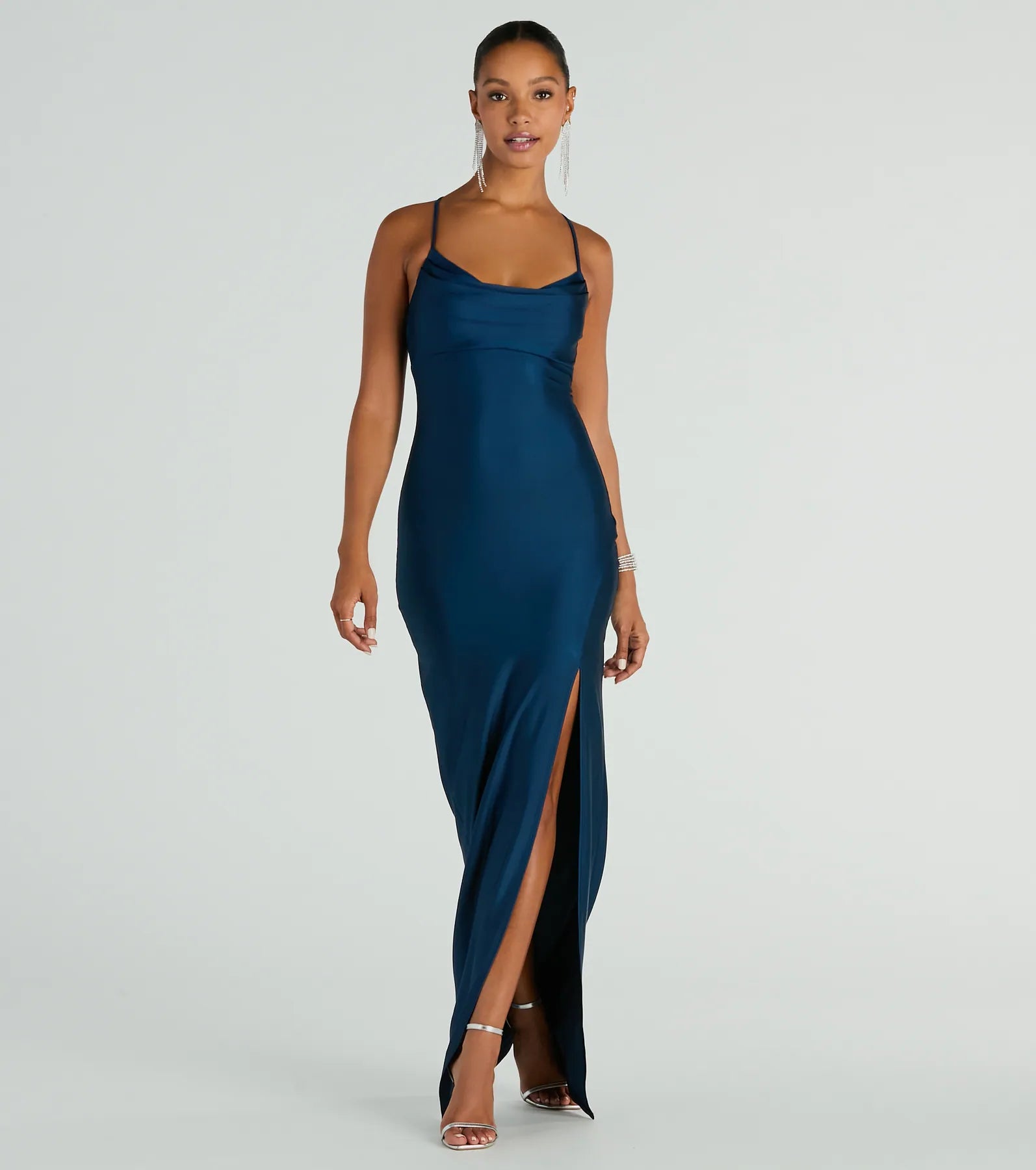 Ultimate Elegance: Natalie Cowl Neck Lace-Up Slit Column Dress