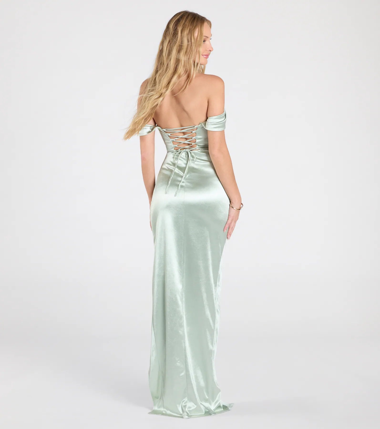 Phoebe Elegance: Off-The-Shoulder Lace-Up Satin Evening Gown