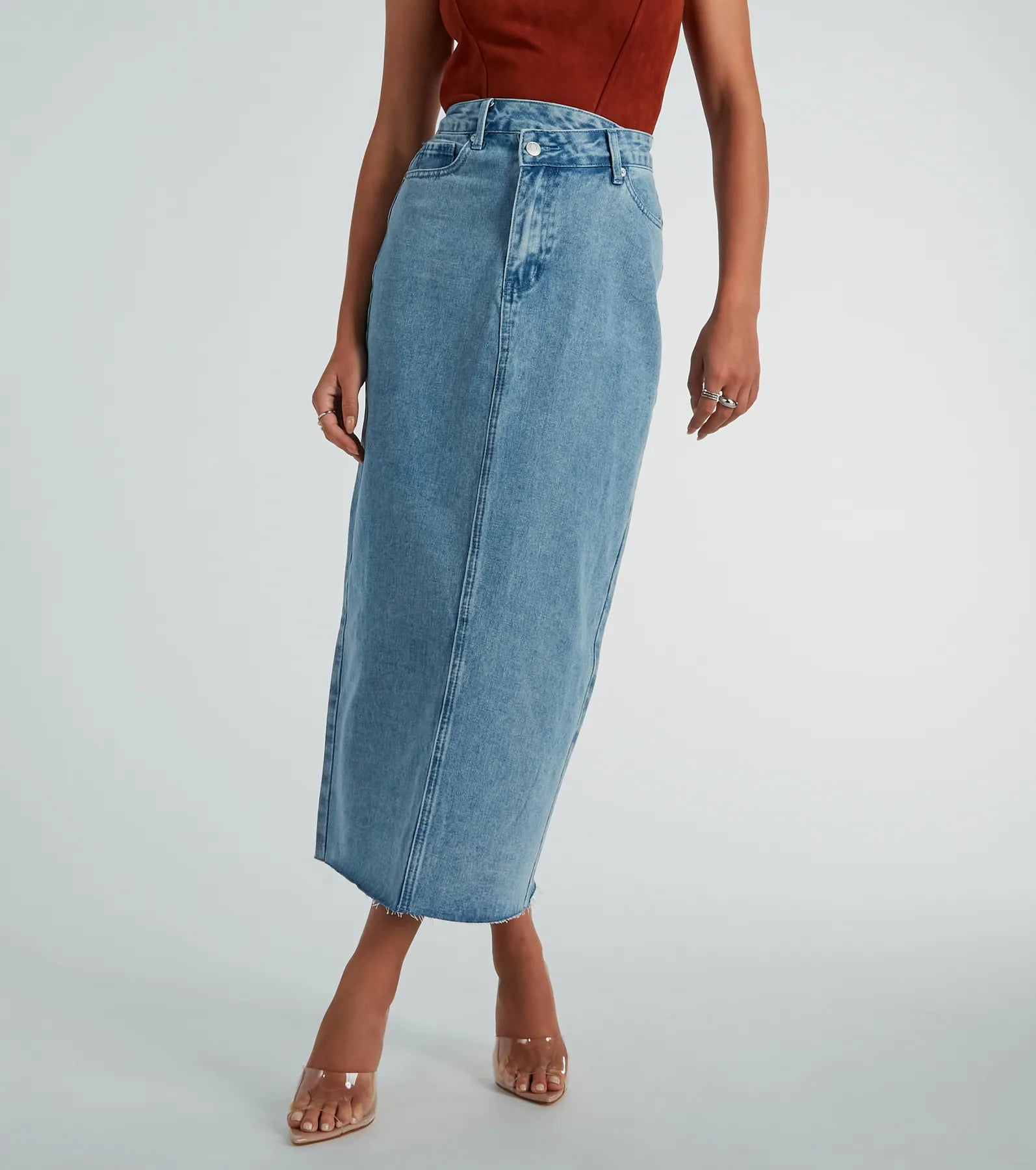 Premium Asymmetrical Waist Denim Midi Skirt - Ultimate Everyday Style