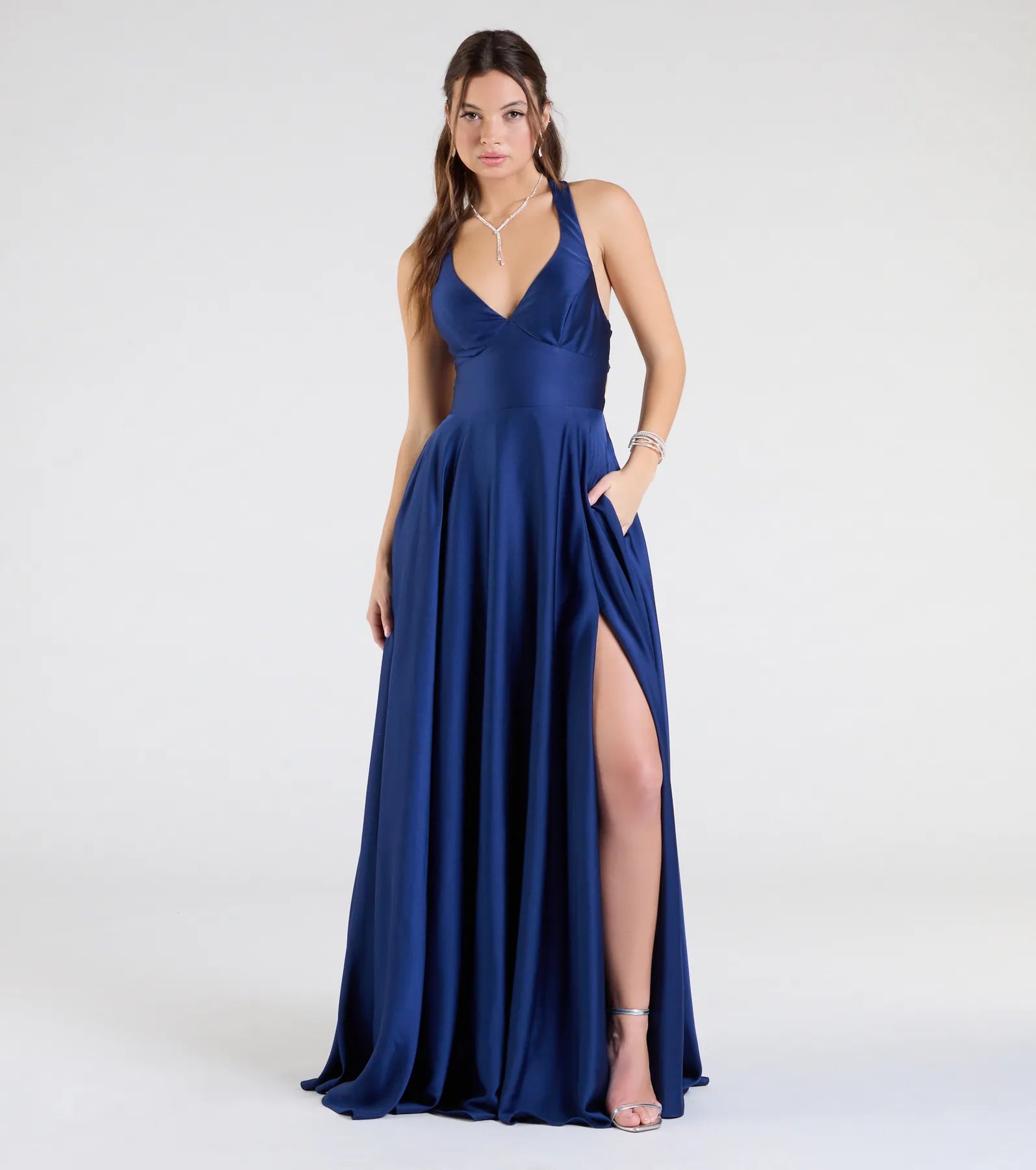 Ultimate Abbey Lace-Up Satin Formal Dress with High Slit