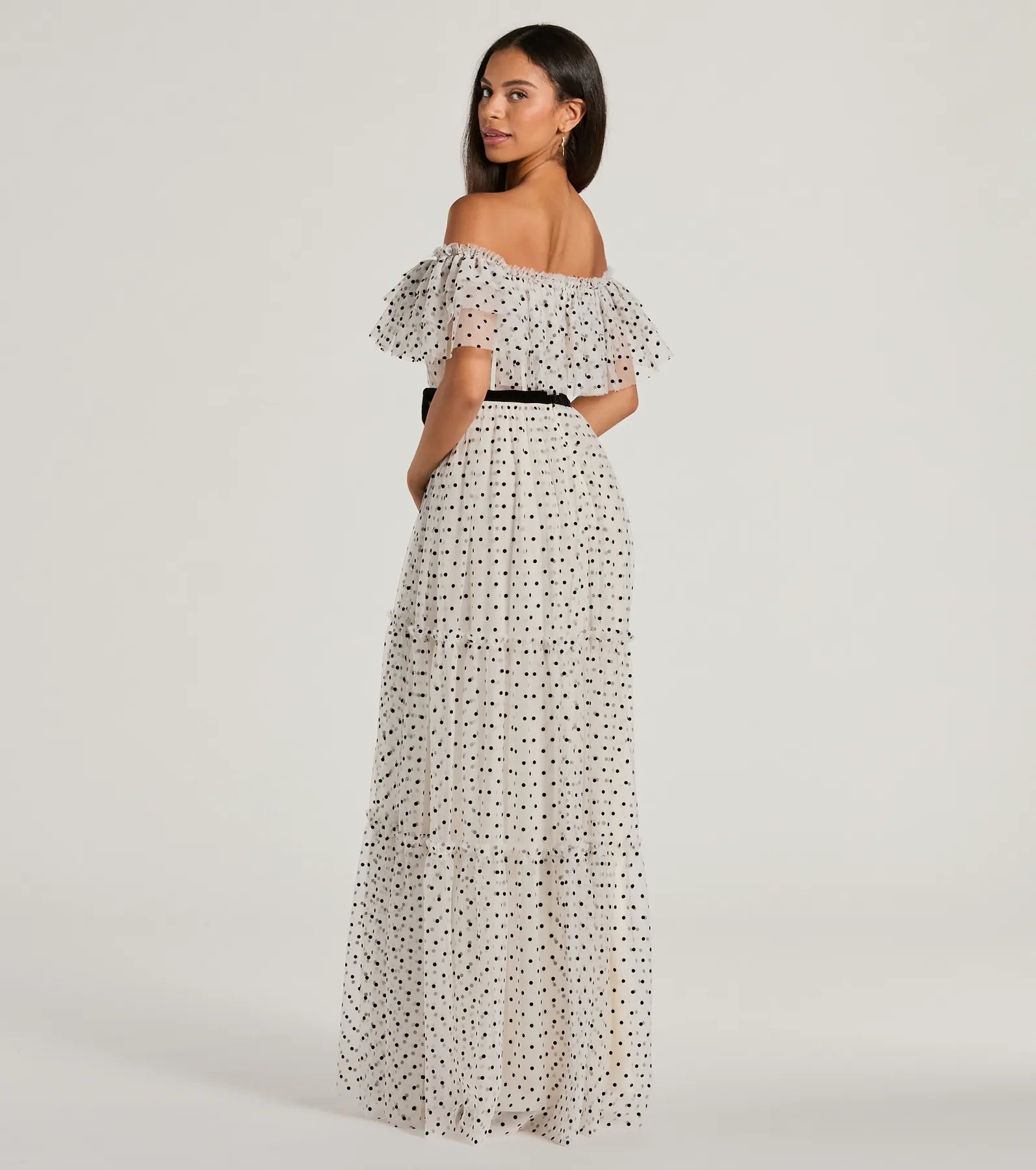 Premium Aria Ruffled Off-The-Shoulder Polka Dot Mesh Formal Dress – Ultimate Elegance