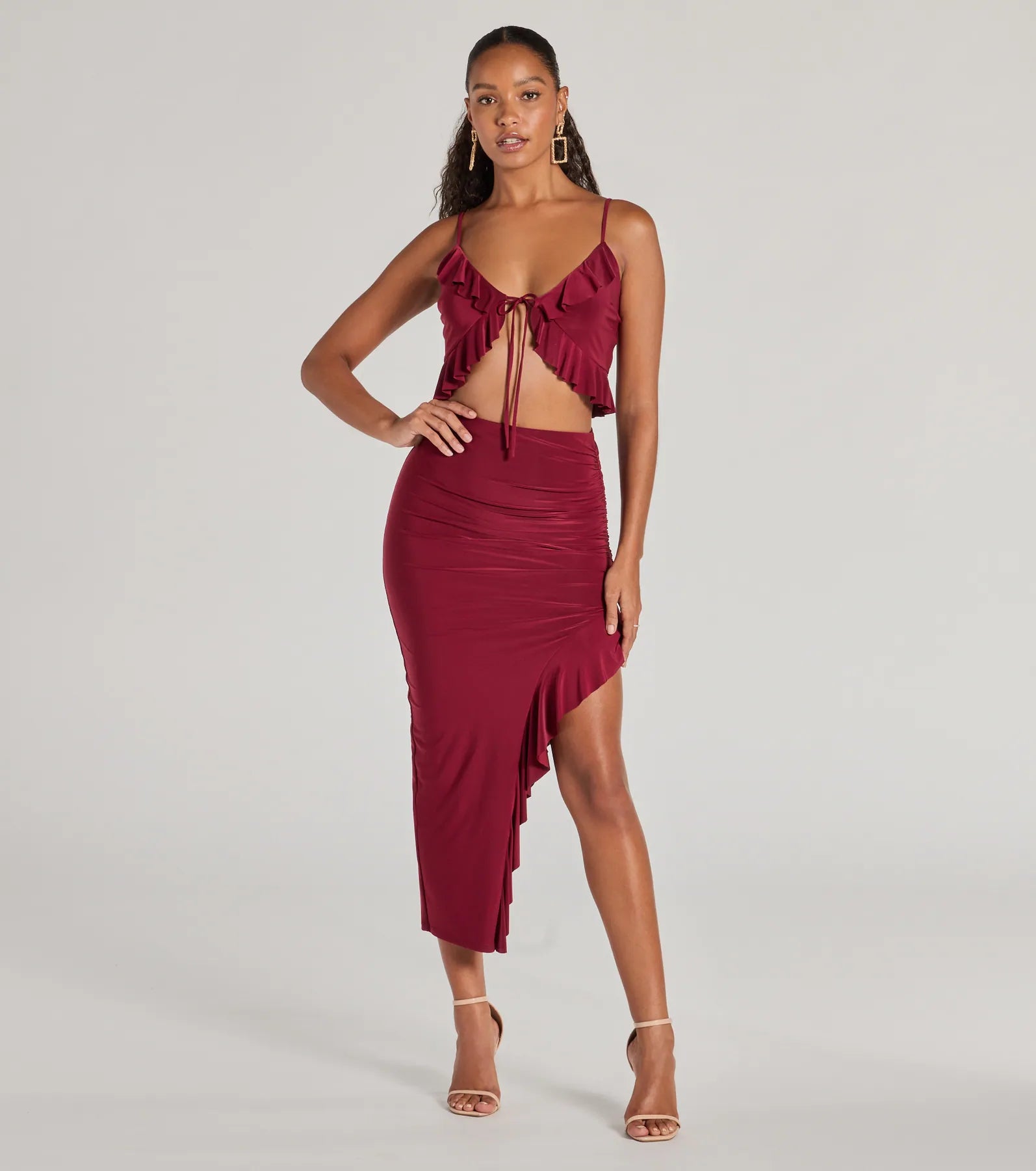 Ultimate Flirty Moves Ruffled Slit Knit Midi Skirt