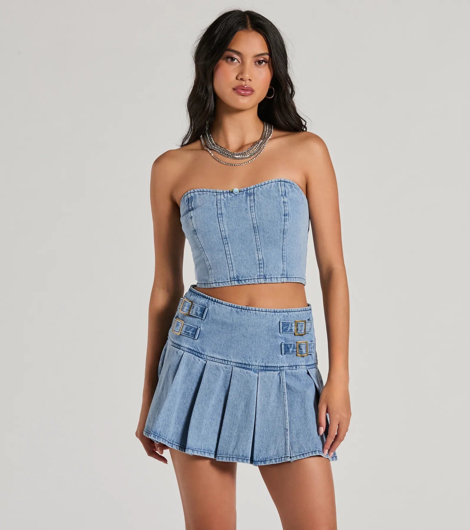 Ultimate Flirty Duo High-Rise Buckle Pleated Denim Mini Skirt