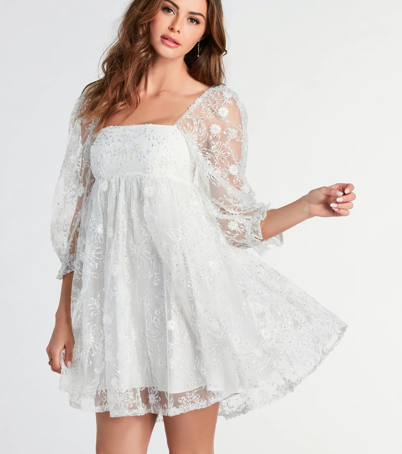 Ultimate Romance Floral Sequin Mesh Babydoll Dress