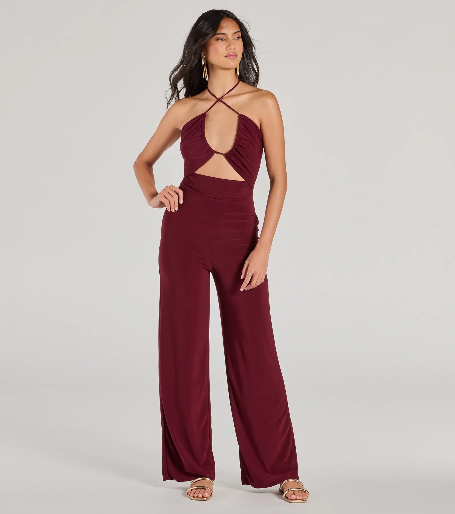 Ultimate Sass Halter Cutout Wide-Leg Jumpsuit