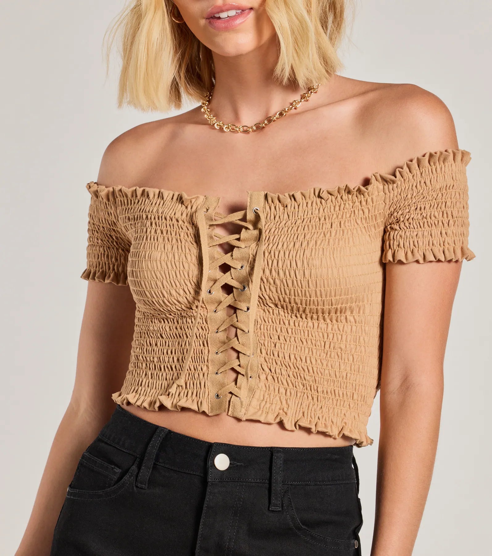 Ultimate Sweet As You Off-The-Shoulder Lace-Up Crop Top