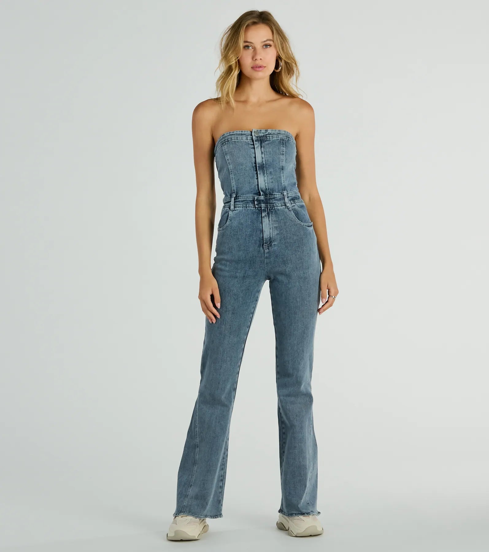 Ultimate Retro Strapless Denim Jumpsuit - Premium Flare Design