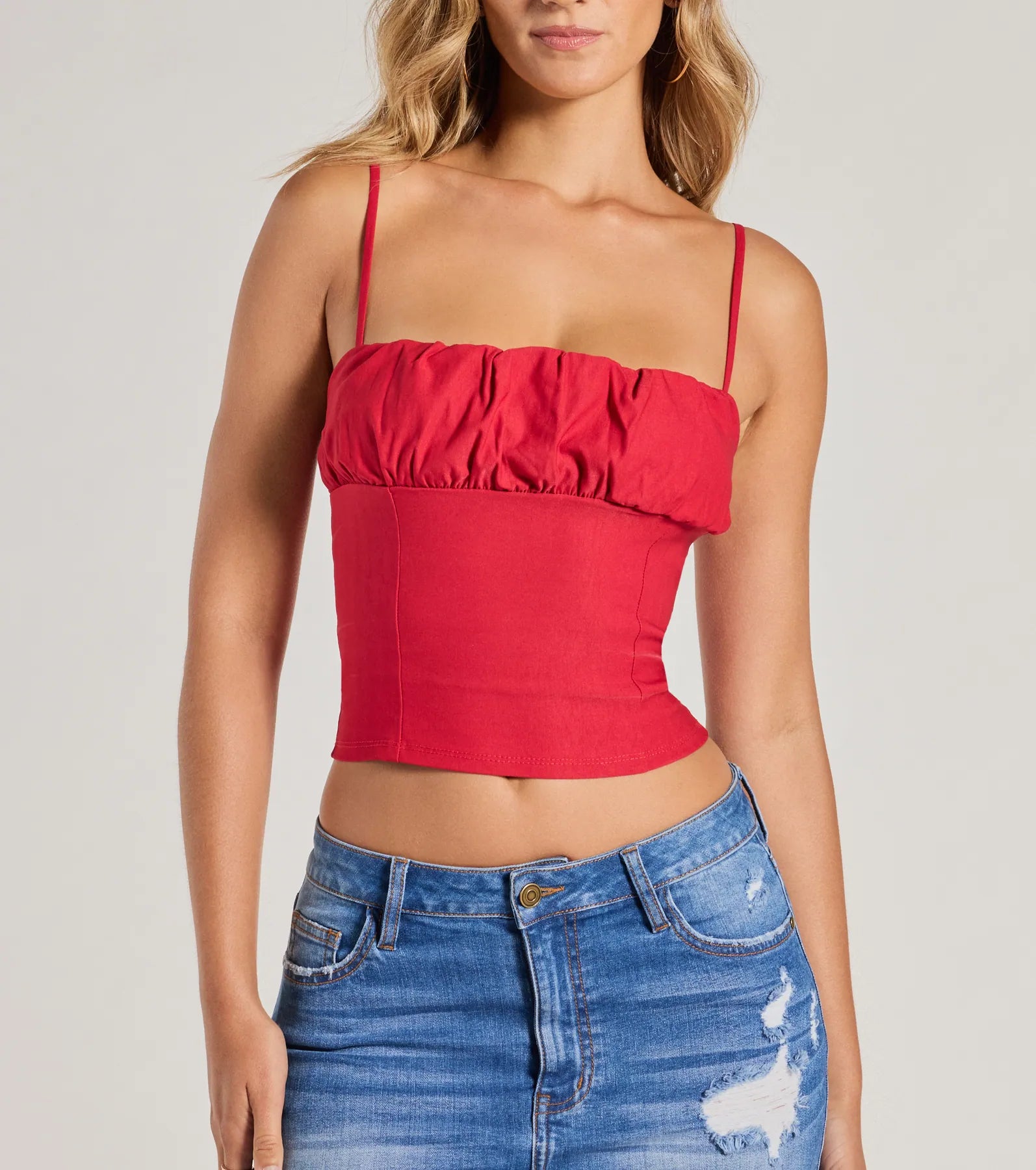 Premium Double Up Sleeveless Ruched Crop Top