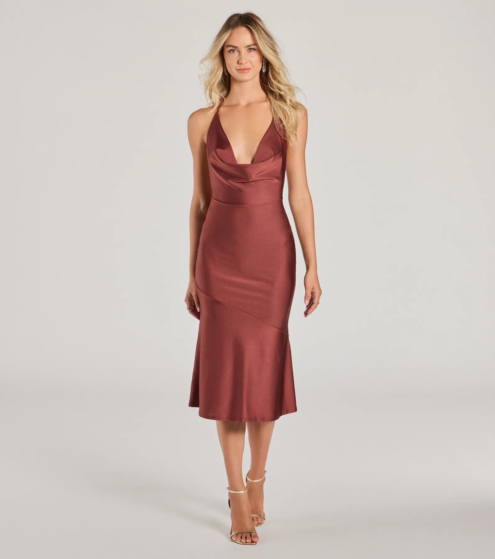 Ultimate Elegance Cowl Halter A-Line Midi Dress