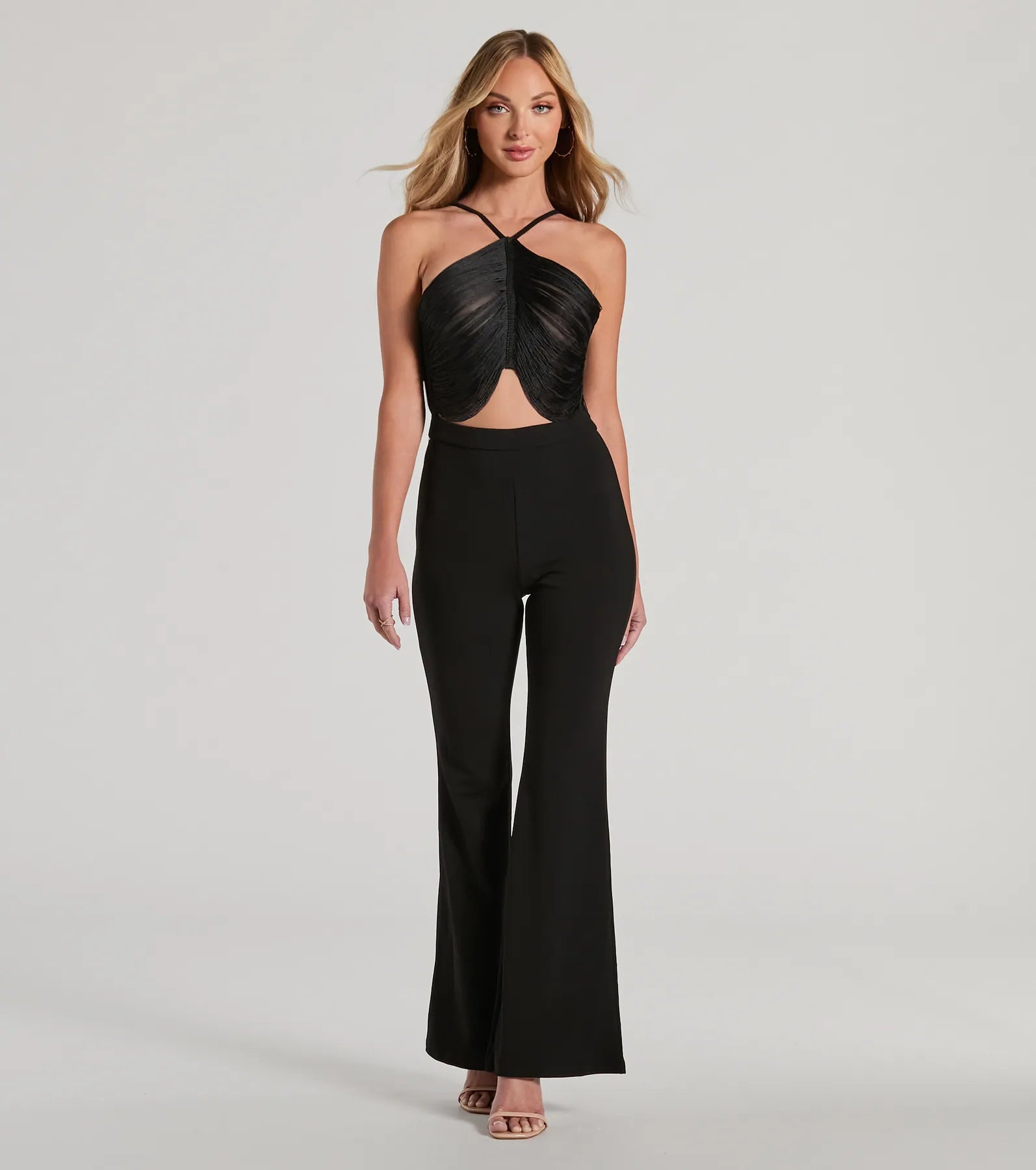 Ultimate Glamour: Draped Fringe Halter Jumpsuit