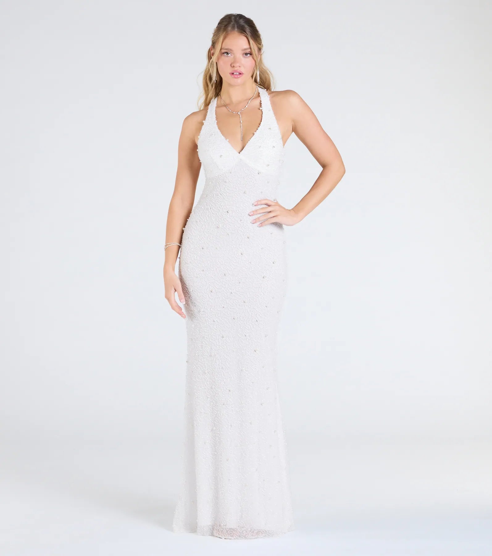 Premium Tyra Halter Open Back Pearl Mermaid Gown - Ultimate Formal Elegance