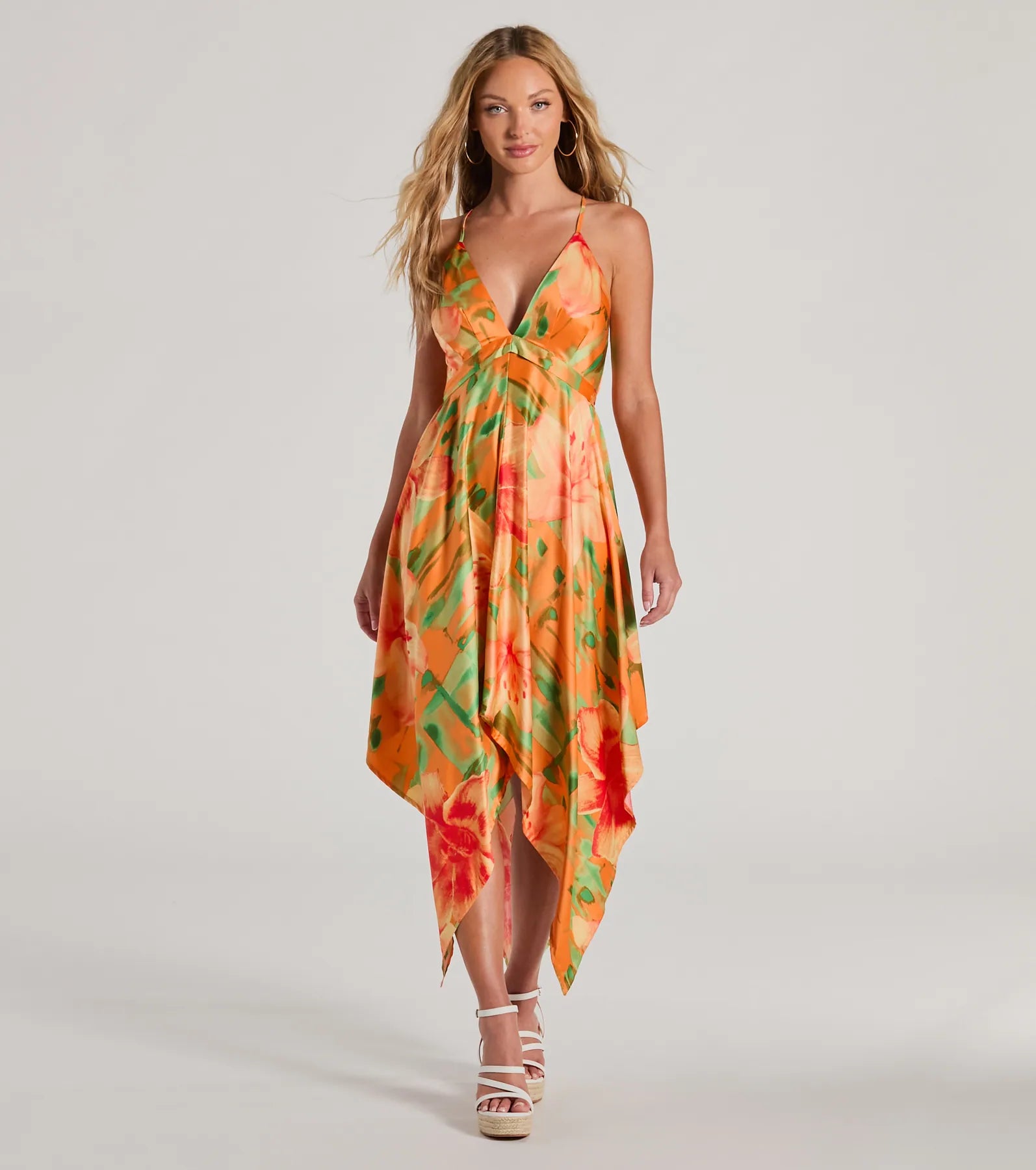 Ultimate Paradise Tropical Floral Satin Midi Dress