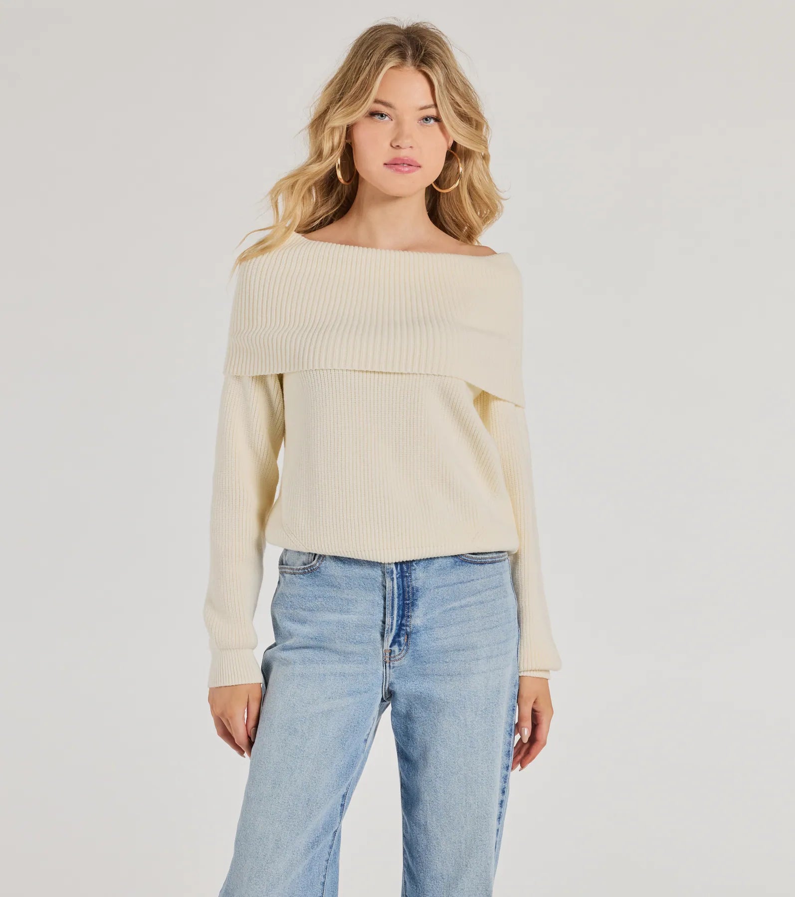 Premium Cozy Factor Ribbed Knit Off-The-Shoulder Sweater