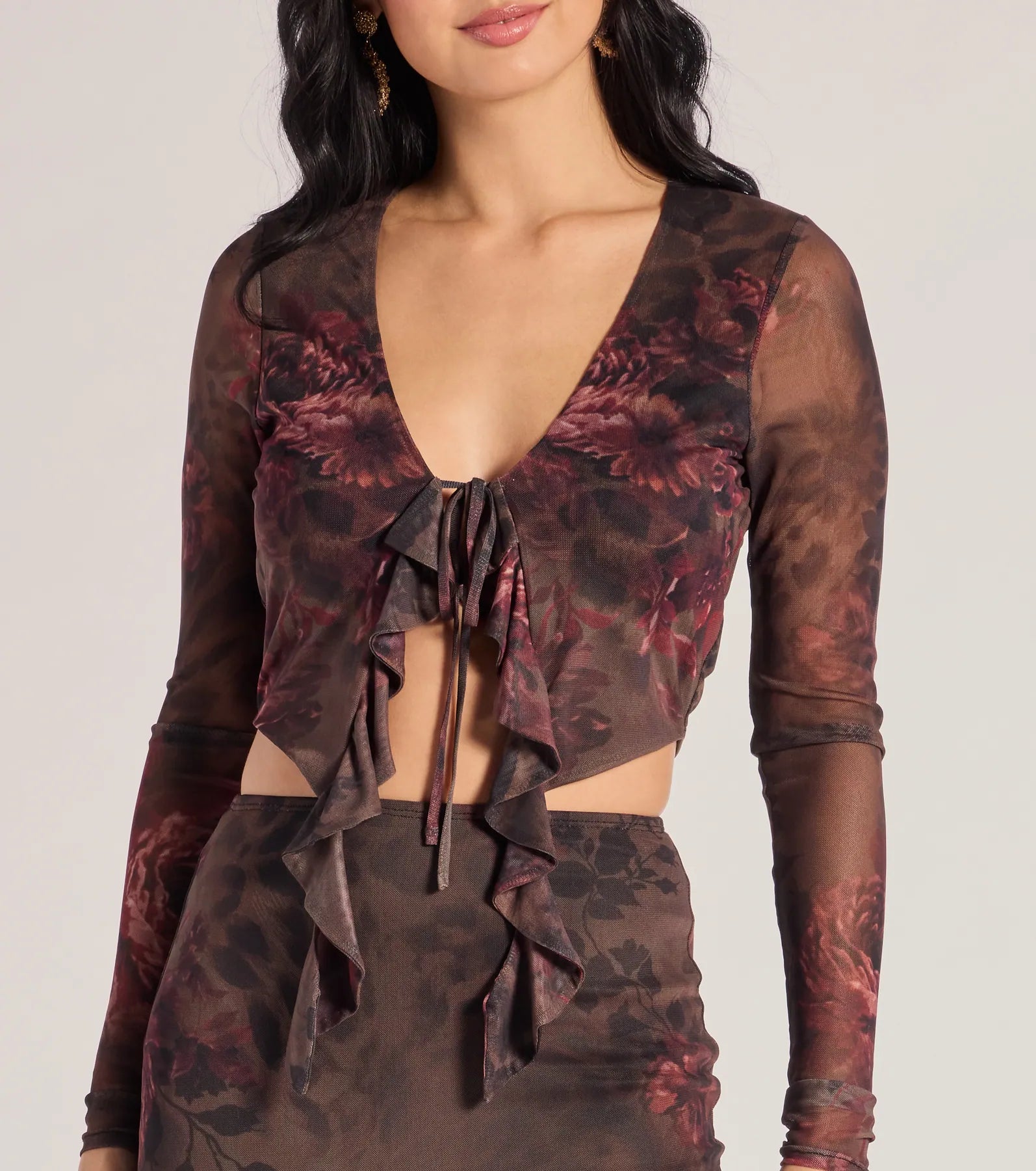 Premium Wild Blossom Abstract Print Tie-Front Crop Top