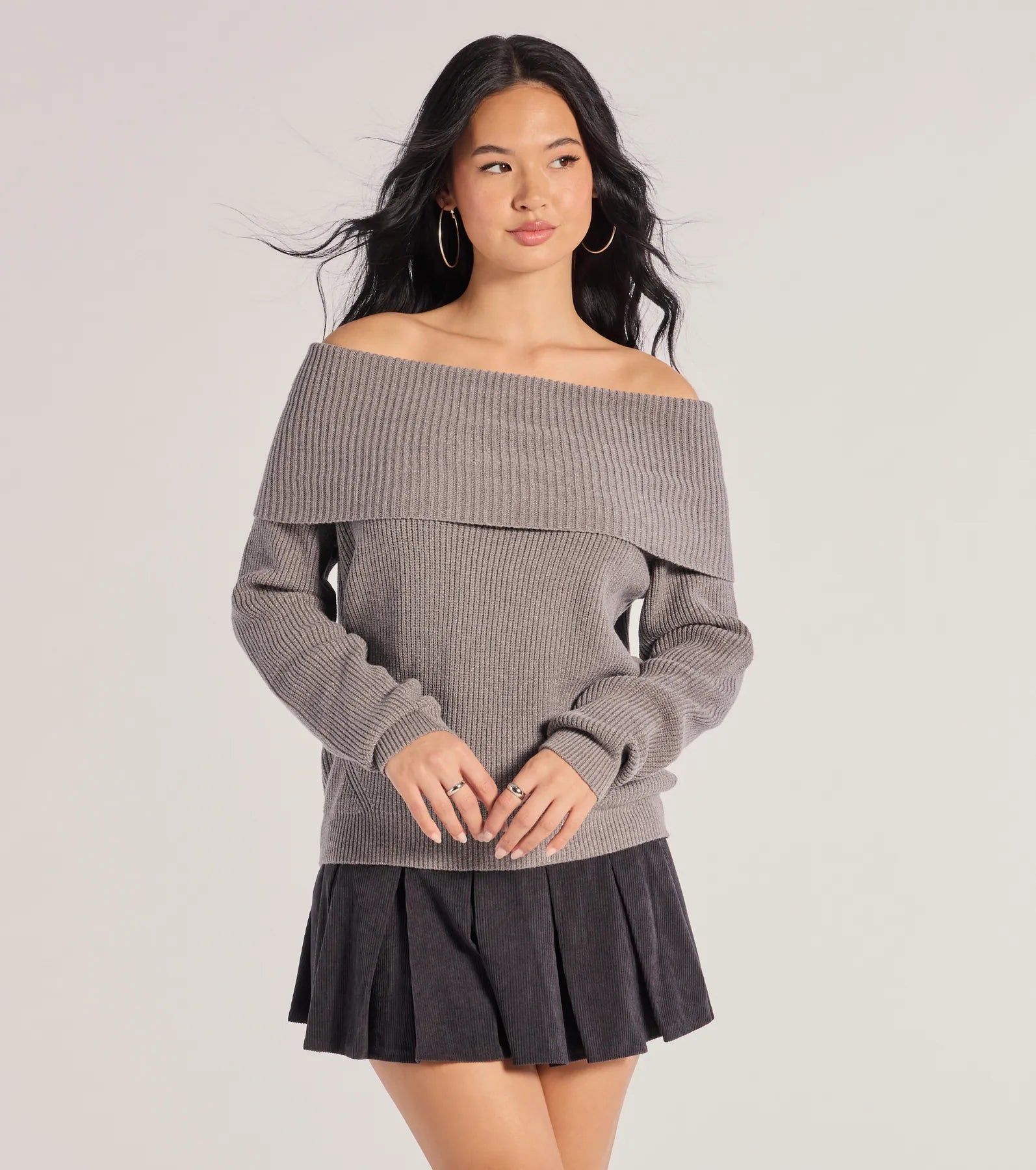 Premium Cozy Factor Ribbed Knit Off-The-Shoulder Sweater