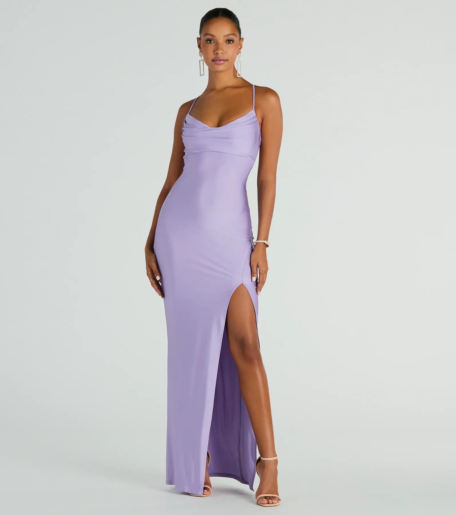 Ultimate Elegance: Natalie Cowl Neck Lace-Up Slit Column Dress