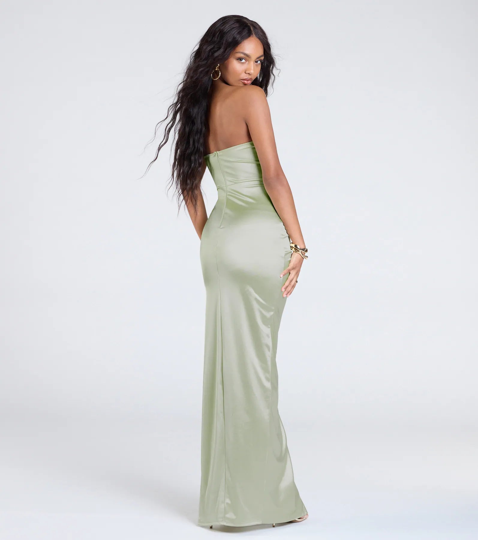 Brianna Premium Satin Strapless Evening Gown with High Slit