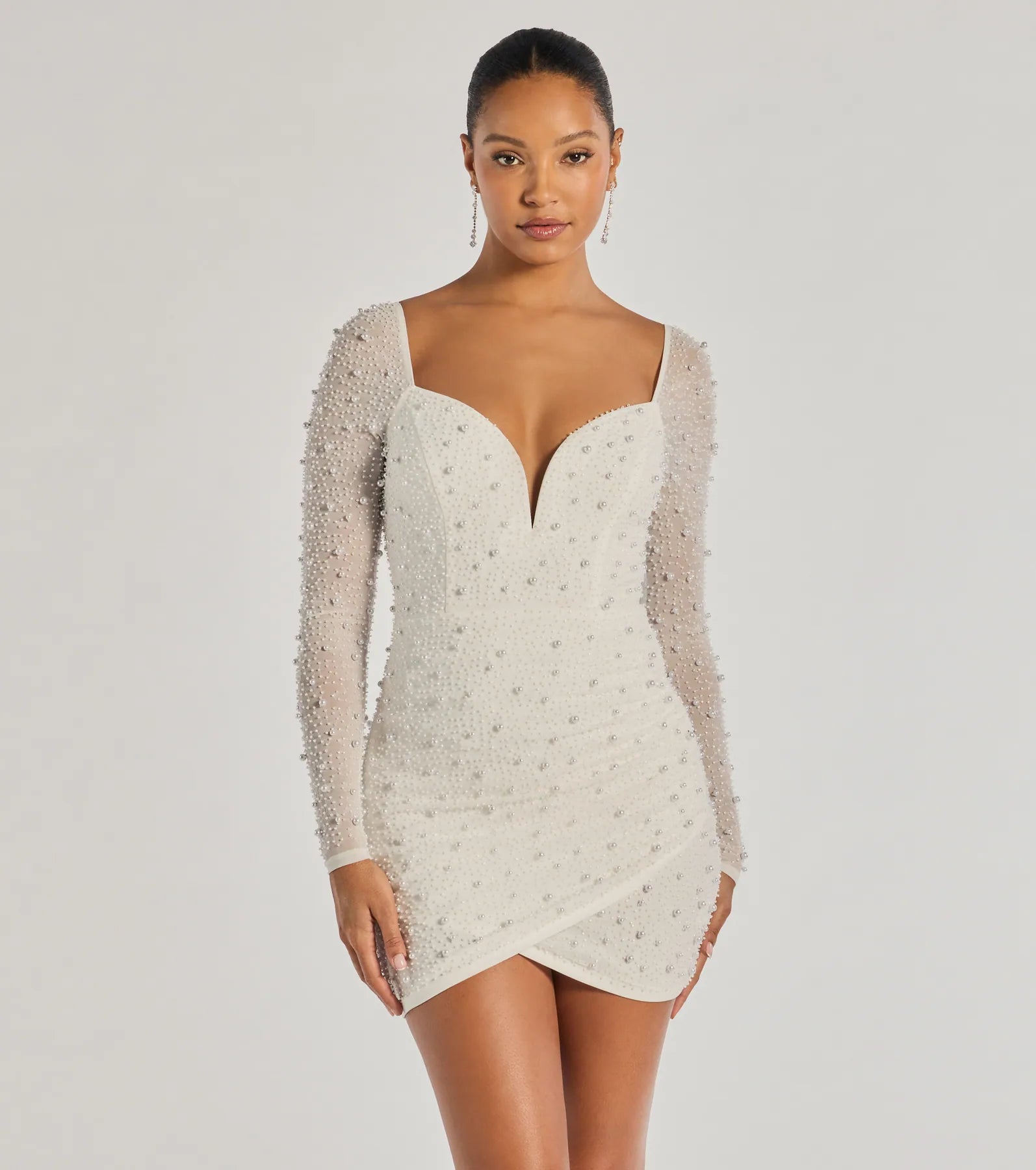 Premium Emma Faux Pearl Beaded Long Sleeve Bodycon Dress