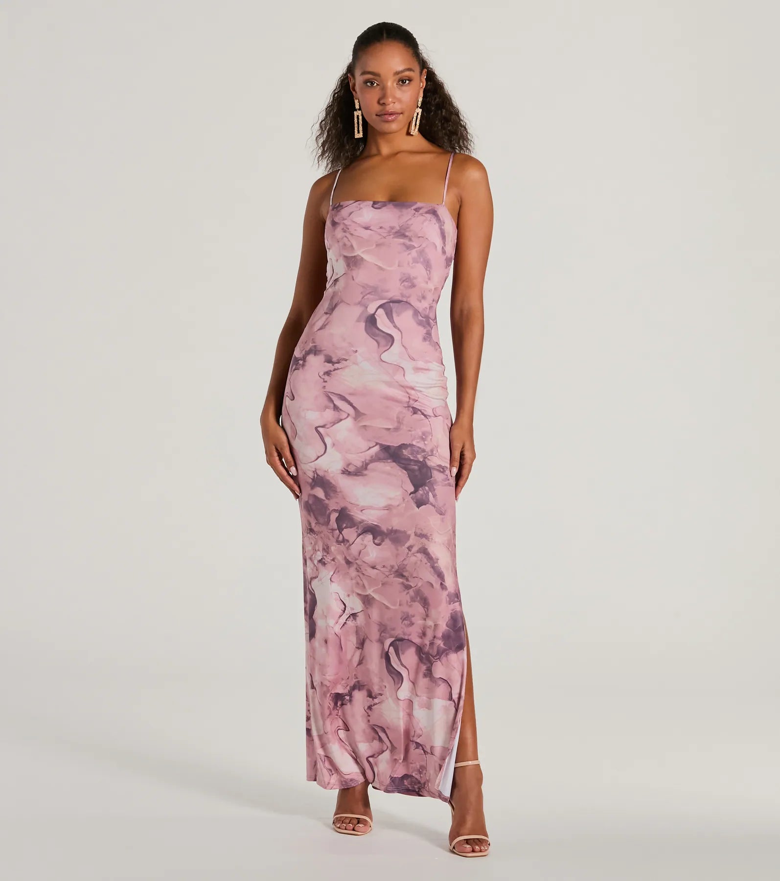 Premium Marble Print Tie-Back Maxi Dress with Slit