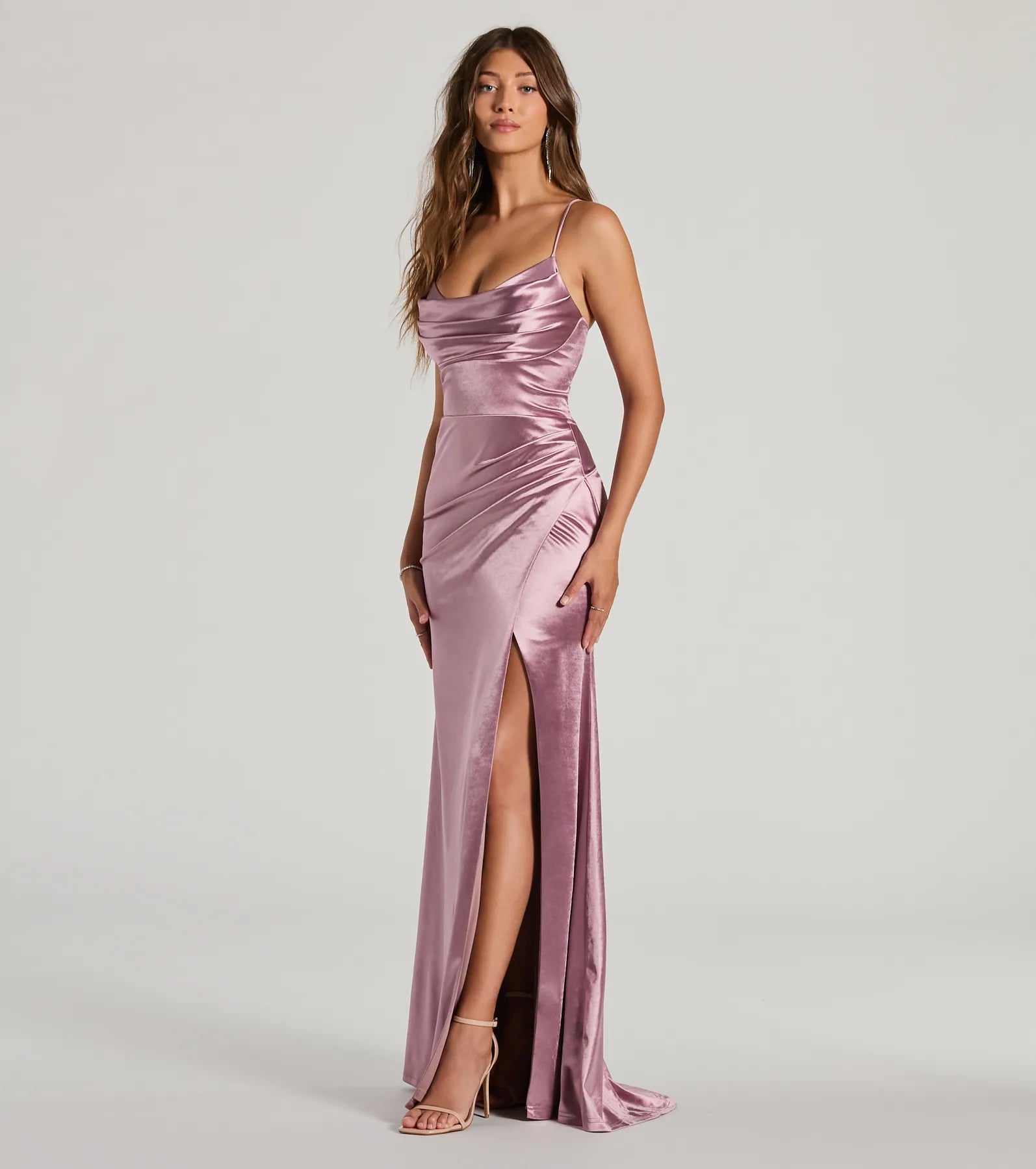 Premium Dani Cowl Neck Lace-Up Satin Evening Gown