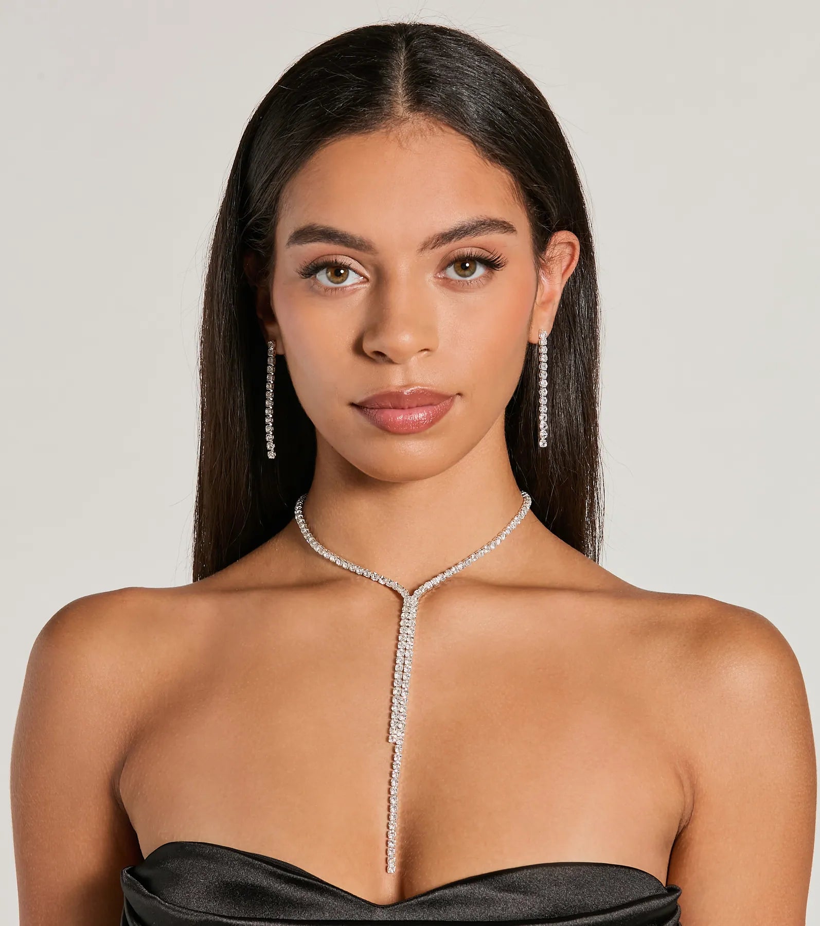 Ultimate Glam Rhinestone Lariat Necklace & Earrings Set