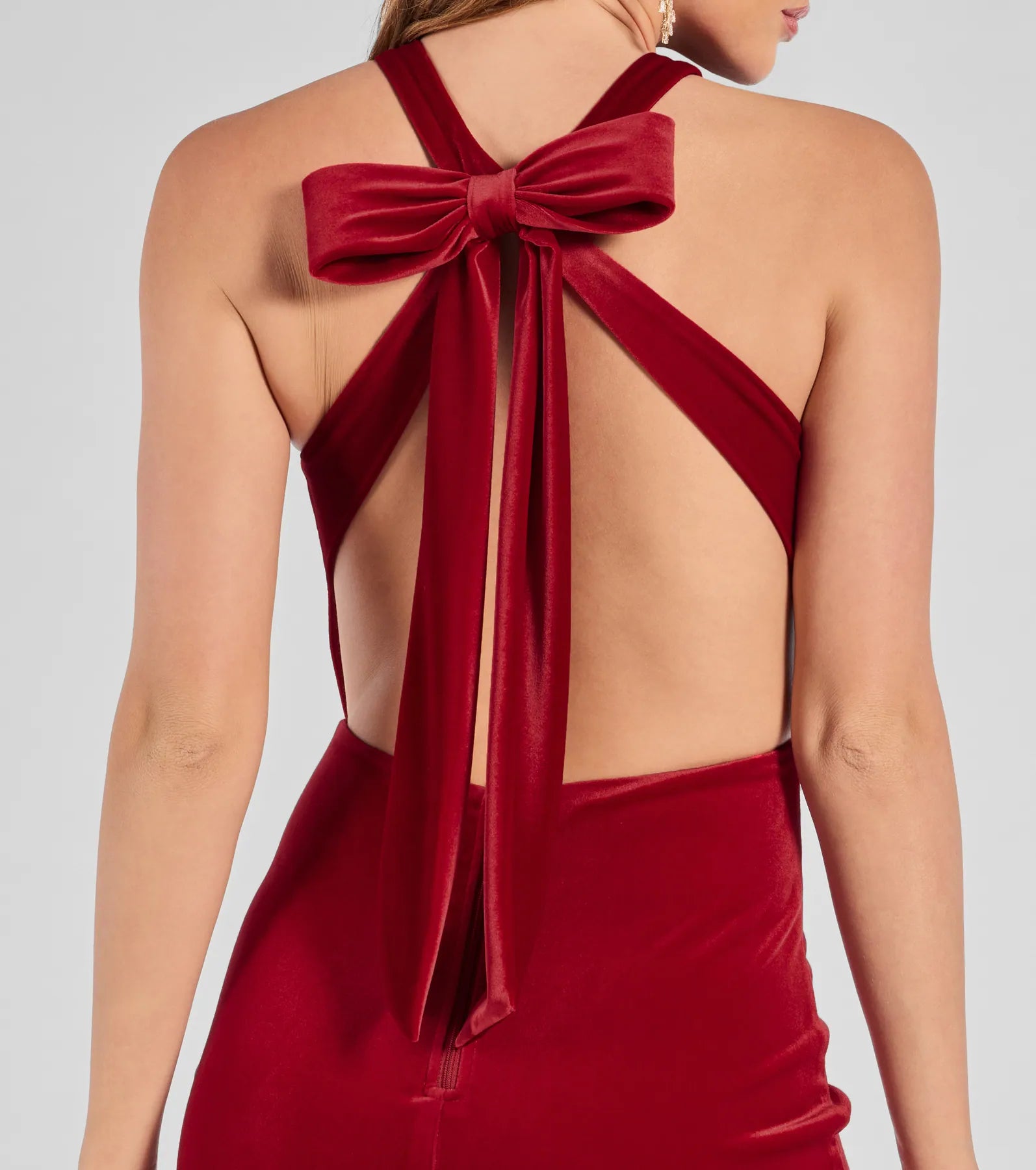 Premium Velvet Open Back Bow Mini Dress