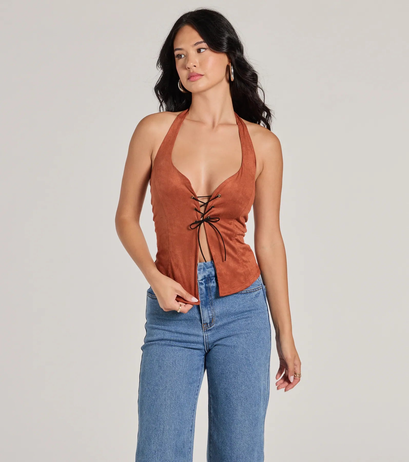 Premium Country Chic Faux Suede Lace-Up Crop Top