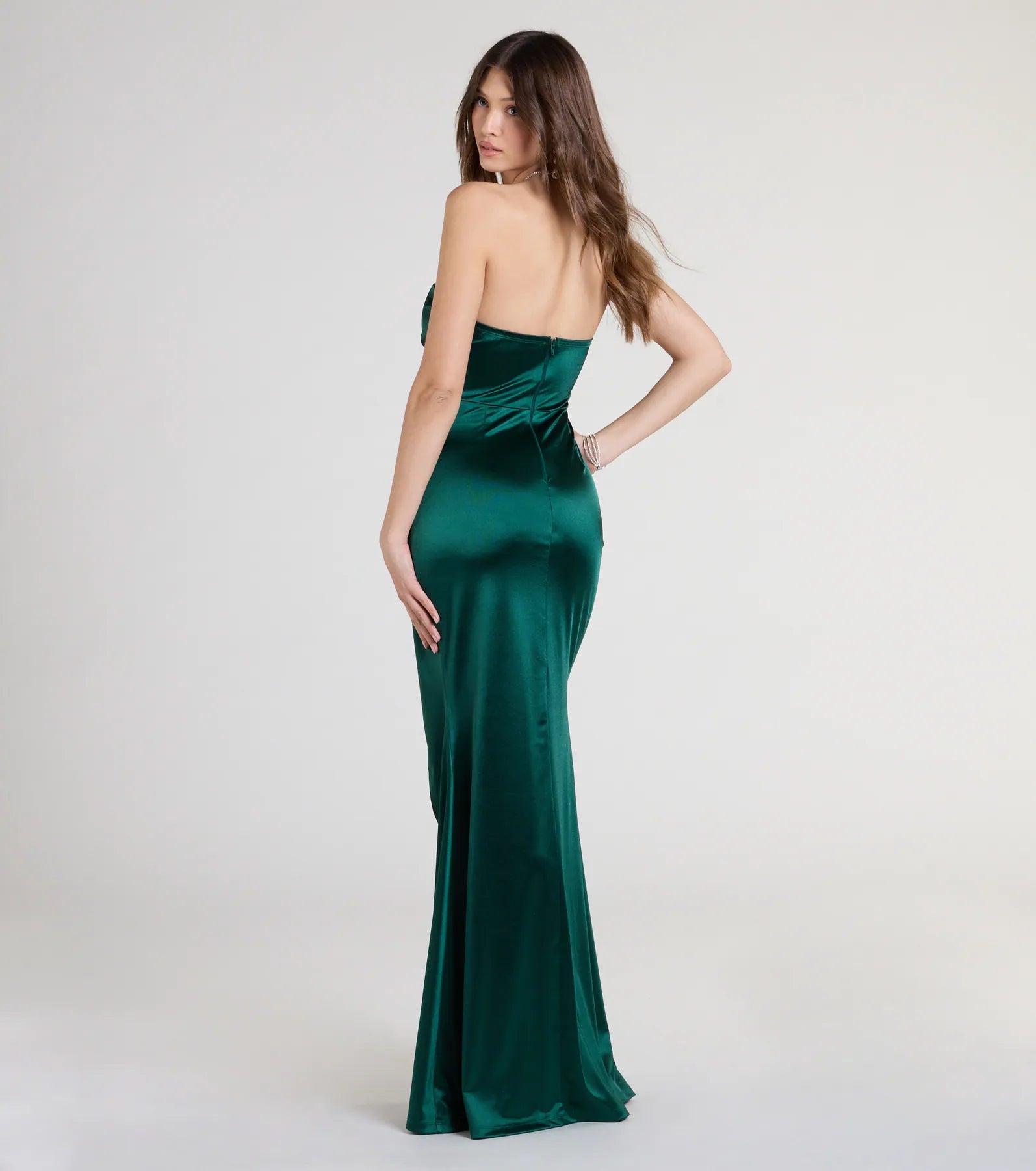 Premium Olive Strapless Mermaid Gown with High Slit