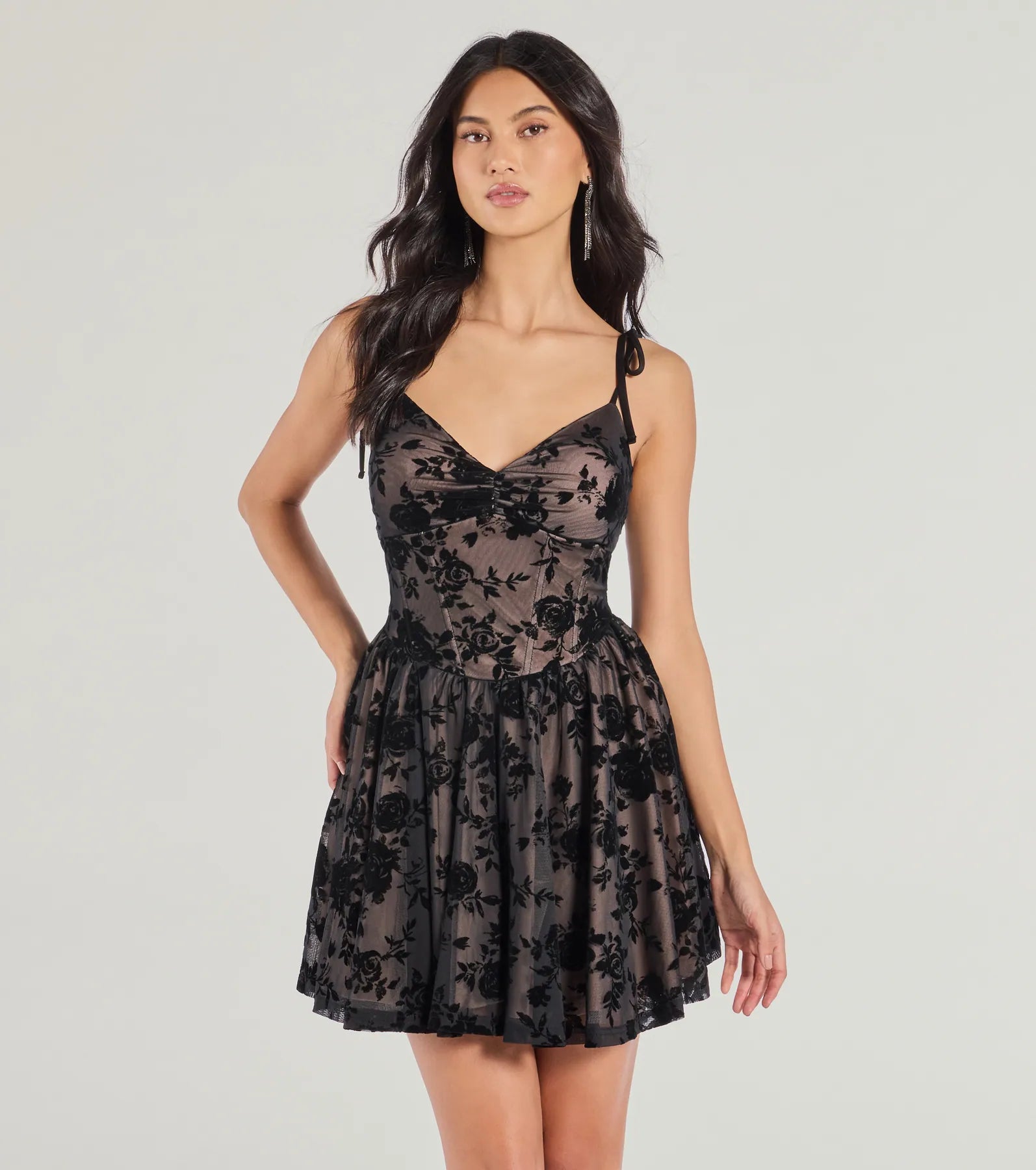 Ultimate Flocked Floral Velvet Skater Dress - Premium Elegance